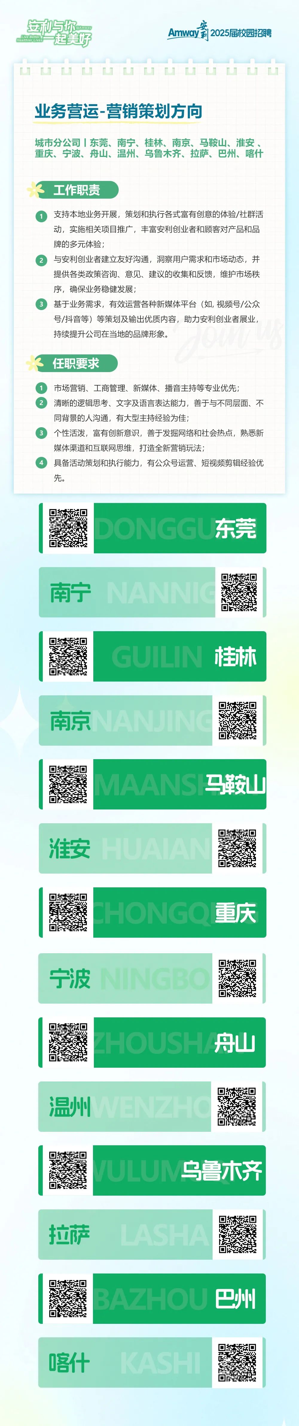 <p>过和与你</p>
<p>公</p>
<p>HOHS eeteD<br/>起美好</p>
<p>Amway莉2025届校园招聘</p>
<p>Live Bette</p>
<p>古</p>
<p>业务营运-营销策划方向</p>
<p>城市分公司东莞、南宁、桂林、南京、马鞍山、淮安、<br/>重庆、宁波、舟山、温州、乌鲁木齐、拉萨、巴州、喀什</p>
<p>工作职责</p>
<p>支持本地业务开展，策划和执行各式富有创意的体验/社群活<br/>动，实施相关项目推广，丰富安利创业者和顾客对产品和品<br/>牌的多元体验;</p>
<p>与安利创业者建立友好沟通，洞察用户需求和市场动态，并<br/>提供各类政策咨询、意见、建议的收集和反馈，维护市场秩<br/>序，确保业务稳健发展;</p>
<p>基于业务需求，有效运营各种新媒体平台(如,视频号/公众<br/>号/抖音等)等策划及输出优质内容，助力安利创业者展业，<br/>持续提升公司在当地的品牌形象。</p>
<p>任职要求</p>
<p>市场营销、工商管理、新媒体、播音主持等专业优先;</p>
<p>清晰的逻辑思考、文字及语言表达能力，善于与不同层面、不<br/>同背景的人沟通，有大型主持经验为佳;</p>
<p>个性活泼，富有创新意识，善于发掘网络和社会热点，熟悉新<br/>媒体渠道和互联网思维，打造全新营销玩法;</p>
<p>具备活动策划和执行能力，有公众号运营、短视频剪辑经验优<br/>先。</p>
<p>ONGGU东莞</p>
<p>南宁</p>
<p>GUILN</p>
<p>桂林</p>
<p>南京</p>
<p>AT</p>
<p> </p>
<p>MAAN<br/>马鞍山<br/>淮安HUAIA</p>
<p>HONGO重庆</p>
<p>宁波 NINGBC</p>
<p>OUSH</p>
<p>舟山</p>
<p>温州</p>
<p>ULUN乌鲁木齐</p>
<p>拉萨</p>
<p>LASHA</p>
<p>BAZHOU<br/>巴州</p>
<p>喀什</p>
<p>KASH</p>
