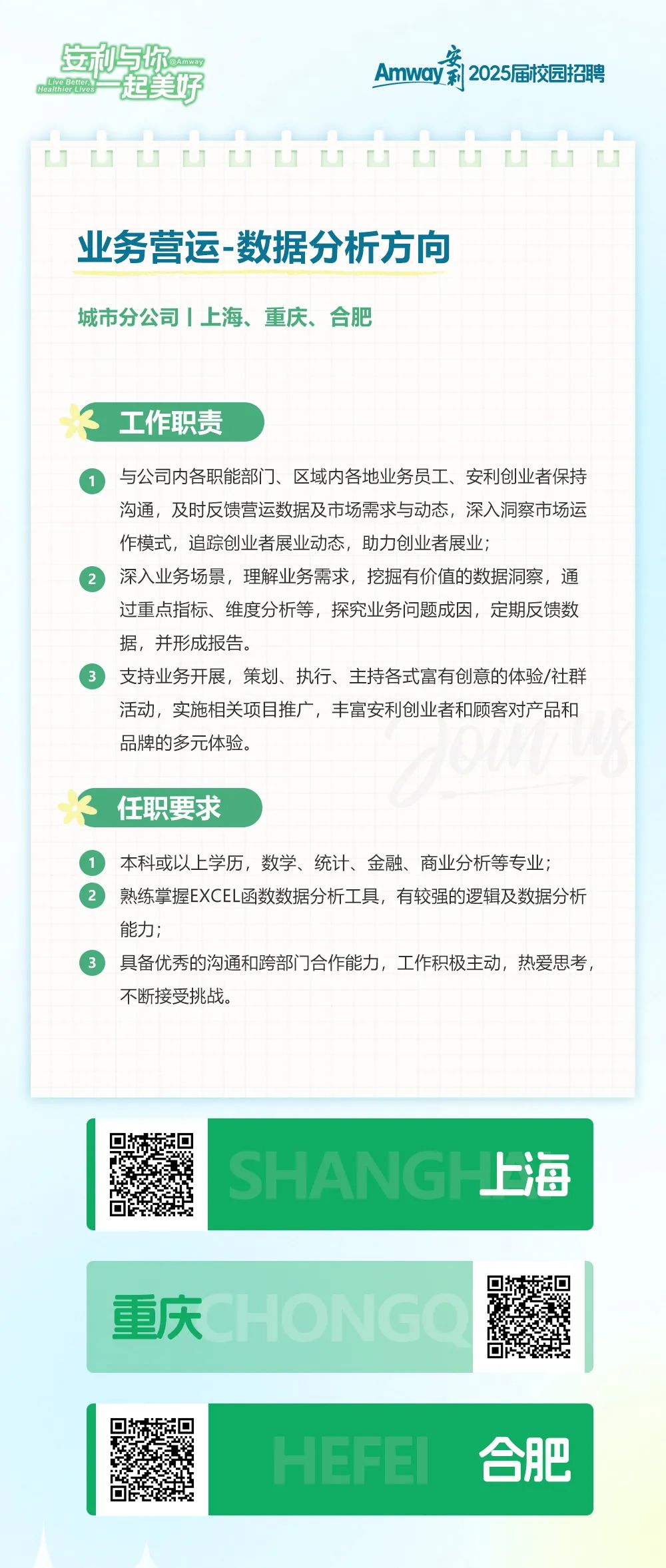 <p>过和与你</p>
<p>Amw广2025届校园招聘</p>
<p>起美好</p>
<p>省古古</p>
<p>业务营运-数据分析方向<br/>城市分公司1上海、重庆、合肥</p>
<p>工作职责</p>
<p>与公司内各职能部门、区域内各地业务员工、安利创业者保持<br/>沟通，及时反馈营运数据及市场需求与动态，深入洞察市场运<br/>作模式，追踪创业者展业动态，助力创业者展业</p>
<p>深入业务场景，理解业务需求，挖掘有价值的数据洞察，通<br/>过重点指标、维度分析等，探究业务问题成因，定期反馈数<br/>据，并形成报告。</p>
<p>支持业务开展，策划、执行、主持各式富有创意的体验/社群<br/>活动，实施相关项目推广，丰富安利创业者和顾客对产品和<br/>品牌的多元体验。</p>
<p>任职要求</p>
<p>本科或以上学历，数学、统计、金融、商业分析等专业;</p>
<p>熟练掌握EXCEL函数数据分析工具，有较强的逻辑及数据分析<br/>能力;</p>
<p>具备优秀的沟通和跨部门合作能力，工作积极主动，热爱思考，<br/>不断接受挑战。</p>
<p>SHANG上海</p>
<p>重庆</p>
<p>HONG</p>
<p>HEFE</p>
<p>合肥</p>
