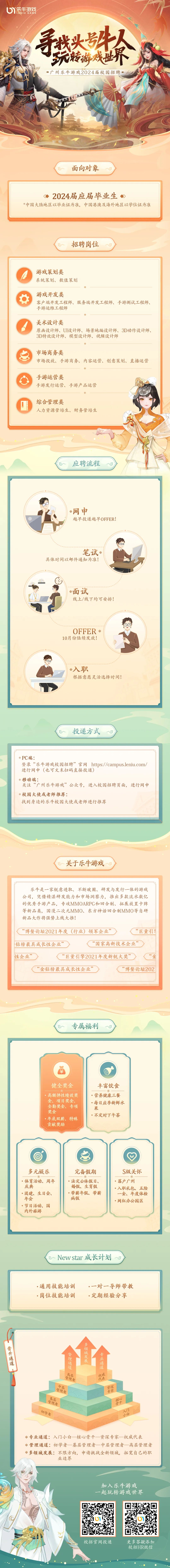 <p>Y牛游戏</p>
<p>GA ME</p>
<p>手龄<br/>。广州乐牛游戏2024届校园招聘:</p>
<p>面向对象</p>
<p>2024届应届毕业生</p>
<p>*中国大陆地区以毕业证为准，中国港澳及海外地区以学位证为准</p>
<p>招聘岗位</p>
<p>游戏策划类</p>
<p>系统策划、数值策划</p>
<p>游戏开发类</p>
<p>客户端开发工程师、服务端开发工程师、手游测试工程师、<br/>手游运维工程师</p>
<p>美术设计类</p>
<p>原画设计师、UI设计师、场景地编设计师、3D动作设计师、<br/>3D特效设计师、模型设计师、视频设计师</p>
<p>市场商务类</p>
<p>市场投放、手游商务、内容运营、创意策划、直播运营</p>
<p>手游运营类</p>
<p>手游发行运营、手游产品运营</p>
<p>综合管理类</p>
<p>人力资源管培生、财务管培生</p>
<p>应聘流程</p>
<p>网申</p>
<p>越早投递越早OFFER!</p>
<p>笔试。</p>
<p>具体时间以邮件通知为准!</p>
<p>面试</p>
<p>线上/线下均可安排!</p>
<p>OFFER <br/>10月份陆续发放!</p>
<p>入职</p>
<p>根据意愿灵活选择时间!</p>
<p>投递方式</p>
<p>PC端:</p>
<p>登录“乐牛游戏校园招聘”官网https://campus.leniu.com/<br/>进行网申(也可文末扫码直接投递)</p>
<p>.移动端:</p>
<p>关注“广州乐牛游戏”公众号，进入校园招聘页面，进行网申<br/>。校园大使或老师推荐:</p>
<p>找到身边的乐牛校园大使或老师进行推荐</p>
<p>关于乐牛游戏</p>
<p>乐牛是一家锐意进取、不断破圈、研发与发行一体的游戏<br/>公司，凭借精湛研发能力和市场洞察力，推出多款流水数亿<br/>的优秀手游产品，专攻MMOARPG和回合制、拓展放置卡牌<br/>等新品类，国漫二次元MMO、东方神话回合制MMO等自研<br/>新品大作将强势上线大推!</p>
<p>‘博鳌论坛2021年度(行业)领军企业’</p>
<p>‘巨量引</p>
<p>钻榜最具成长性企业’</p>
<p>‘国家高新技术企业</p>
<p>性企业</p>
<p>巨量引擎2021年度新锐大奖’</p>
<p>金钻榜最具成长性企业</p>
<p>“博鳌论坛202</p>
<p>专属福利</p>
<p>健全奖金<br/>高额弹性绩效奖<br/>金、项目奖金、<br/>全勤奖金、专项<br/>奖金</p>
<p>年底双薪、特殊<br/>贡献奖励</p>
<p>丰富饮食<br/>营养健康三餐<br/>每日应季新鲜水<br/>果</p>
<p>.不定时下午茶</p>
<p> </p>
<p>多元娱乐<br/>体育活动、周年<br/>庆典</p>
<p>团建、生日会、<br/>年会</p>
<p>节日活动、国<br/>内外旅游</p>
<p>完备假期<br/>法定公休假日、<br/>婚假、生育假<br/>带薪年假、带薪<br/>病假</p>
<p>S级关怀<br/>落户广州</p>
<p>入职礼包、五险<br/>一金、年度体检<br/>网红办公园区</p>
<p>Newstar成长计划</p>
<p>.通用技能培训<br/>.岗位技能培训</p>
<p>.一对一导师带教<br/>.定期经验分享</p>
<p>晋升通道</p>
<p>管理通道</p>
<p>高层</p>
<p>管理者</p>
<p>中层</p>
<p>管理者</p>
<p>基层</p>
<p>管理者</p>
<p>初学者</p>
<p>多领域发展</p>
<p>专业通道械悦</p>
<p>万漆</p>
<p>檬干</p>
<p>白</p>
<p>专业通道:入门小白-核心骨干-资深专家-权威代表</p>
<p>管理通道:初学者基层管理者中层管理者高层管理者<br/>多领域发展:不限方向，申请挑战全新领域，拓宽自己的职</p>
<p>业边界</p>
<p>加入乐牛游戏<br/>起玩转游戏世界</p>
<p>校招官网投递</p>
<p>更多答疑添加<br/>校招HR微信</p>
