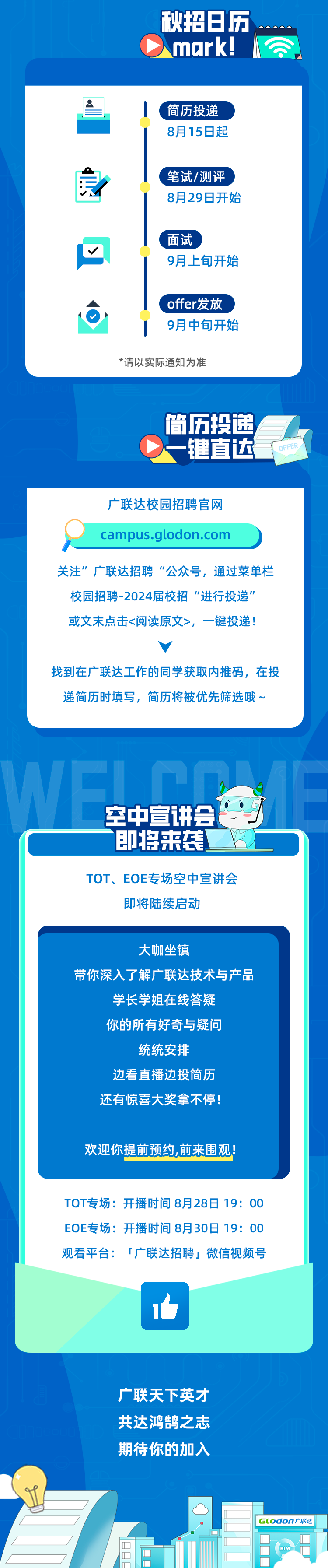 秋招8历\\nmark!\\n简历投递\\n8月15日起\\n笔试/测评\\n8月29日开始\\n面试\\n9月上旬开始\\noffer发放\\n9月中旬开始\\n*请以实际通知为准\\n管历投递\\n键直达\\nOFFER\\n广联达校园招聘官网\\ncampus.glodon.com\\n关注”广联达招聘“公众号，通过菜单栏\\n校园招聘-2024届校招“进行投递”\\n或文末点击<阅读原文>，一键投递!\\n找到在广联达工作的同学获取内推码，在投\\n递简历时填写，简历将被优先筛选哦~\\n空中宣讲会\\n即将来袭\\nTOT、EOE专场空中宣讲会\\n即将陆续启动\\n大咖坐镇\\n带你深入了解广联达技术与产品\\n学长学姐在线答疑\\n你的所有好奇与疑问\\n统统安排\\n边看直播边投简历\\n还有惊喜大奖拿不停!\\n欢迎你提前预约,前来围观\\nTOT专场:开播时间8月28日 19:00\\nE0E专场:开播时间 8月30日 19:00\\n观看平台:「广联达招聘」微信视频号\\n广联天下英才\\n共达鸿鹄之志\\n期待你的加入\\nGlodon广联达\\nBIN\\n