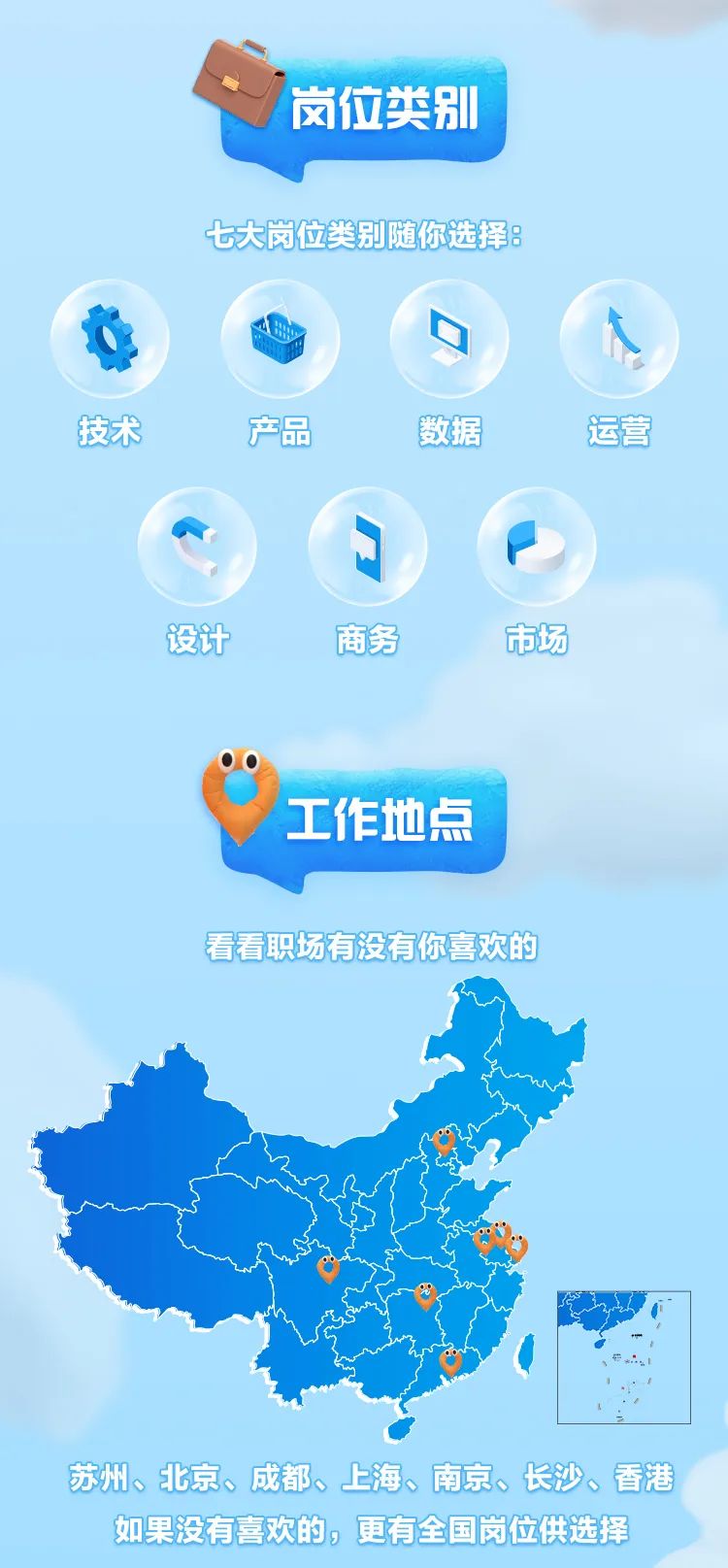 <p>岗位类别</p>
<p>七大岗位类别随你选择8</p>
<p>年☐</p>
<p>技术产品数据运营</p>
<p>设计商务市场</p>
<p>工作地点</p>
<p>看看职场有没有你喜欢的</p>
<p>苏州、北京、成都、上海、南京、长沙、香港</p>
<p>如果没有喜欢的,更有全国岗位供选择</p>
