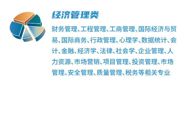 <p>经济管理类</p>
<p>财务管理、工程管理、工商管理、国际经济与贸<br/>易、国际商务、行政管理、心理学、数据统计、会<br/>计、金融、经济学、法律、社会学、企业管理、人<br/>力资源、市场营销、项目管理、投资管理、市场<br/>管理、安全管理、质量管理、税务等相关专业</p>
