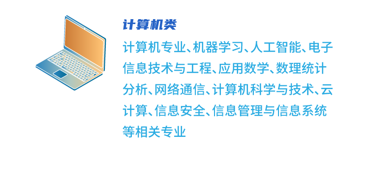 <p>计算机类</p>
<p>计算机专业、机器学习、人工智能、电子<br/>信息技术与工程、应用数学、数理统计<br/>分析、网络通信、计算机科学与技术、云<br/>计算、信息安全、信息管理与信息系统<br/>等相关专业</p>
