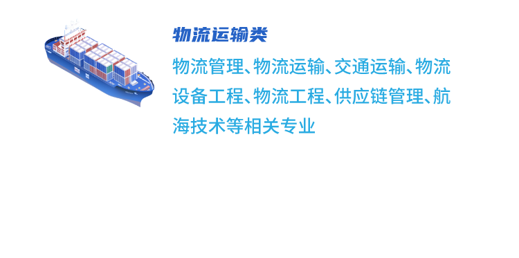 <p>物流运输类</p>
<p>物流管理、物流运输、交通运输、物流<br/>设备工程、物流工程、供应链管理、航<br/>海技术等相关专业</p>
