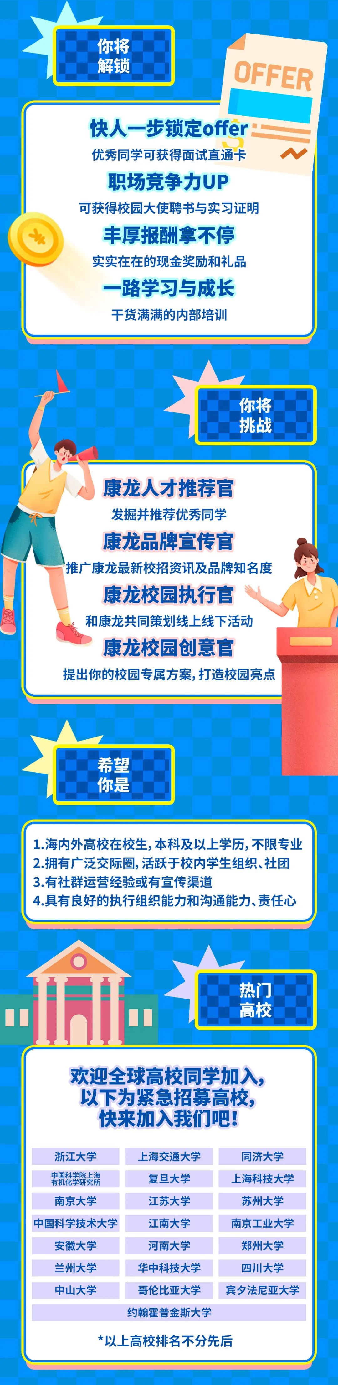 <p>你将</p>
<p>解锁</p>
<p>OFFER</p>
<p>快人一步锁定offer<br/>优秀同学可获得面试直通卡<br/>职场竞争力UP</p>
<p>可获得校园大使聘书与实习证明</p>
<p>丰厚报酬拿不停<br/>实实在在的现金奖励和礼品<br/>一路学习与成长<br/>干货满满的内部培训</p>
<p>你将</p>
<p>挑战</p>
<p>康龙人才推荐官<br/>发掘并推荐优秀同学<br/>康龙品牌宣传官</p>
<p>推广康龙最新校招资讯及品牌知名度<br/>康龙校园执行官</p>
<p>和康龙共同策划线上线下活动</p>
<p>康龙校园创意官</p>
<p>提出你的校园专属方案,打造校园亮点</p>
<p>希望</p>
<p>你是</p>
<p>1.海内外高校在校生,本科及以上学历,不限专业<br/>2.拥有广泛交际圈,活跃于校内学生组织、社团<br/>3.有社群运营经验或有宣传渠道</p>
<p>4.具有良好的执行组织能力和沟通能力、责任心</p>
<p>热门</p>
<p>高校</p>
<p>欢迎全球高校同学加入,<br/>以下为紧急招募高校,<br/>快来加入我们吧!</p>
<p>浙江大学</p>
<p>上海交通大学</p>
<p>中国科学院上海</p>
<p>复旦大学</p>
<p>有机化学研究所</p>
<p>南京大学</p>
<p>江苏大学</p>
<p>中国科学技术大学</p>
<p>江南大学</p>
<p>安徽大学</p>
<p>河南大学</p>
<p>兰州大学</p>
<p>华中科技大学</p>
<p>中山大学</p>
<p>哥伦比亚大学<br/>约翰霍普金斯大学</p>
<p>同济大学<br/>上海科技大学<br/>苏州大学<br/>南京工业大学<br/>郑州大学<br/>四川大学<br/>宾夕法尼亚大学</p>
<p>*以上高校排名不分先后</p>