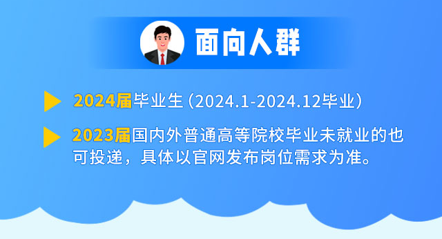 <p>面向人群</p>
<p>2024届毕业生(2024.1-2024.12毕业)</p>
<p>2023届国内外普通高等院校毕业未就业的也<br/>可投递，具体以官网发布岗位需求为准。</p>
