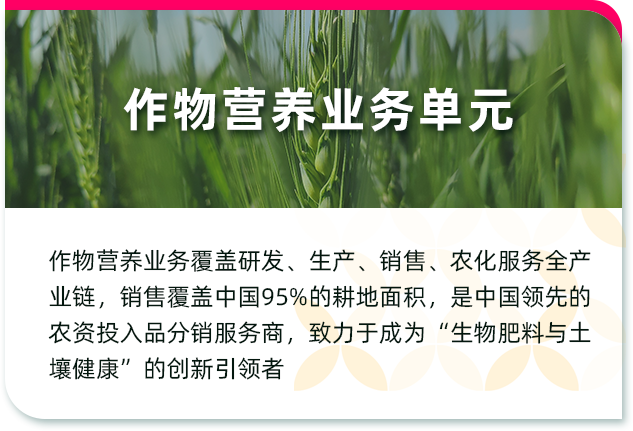 <p>作物营养业务单元</p>
<p>作物营养业务覆盖研发、生产、销售、农化服务全产<br/>业链,销售覆盖中国95%的耕地面积,是中国领先的<br/>农资投入品分销服务商,致力于成为“生物肥料与土<br/>壤健康”的创新引领者</p>