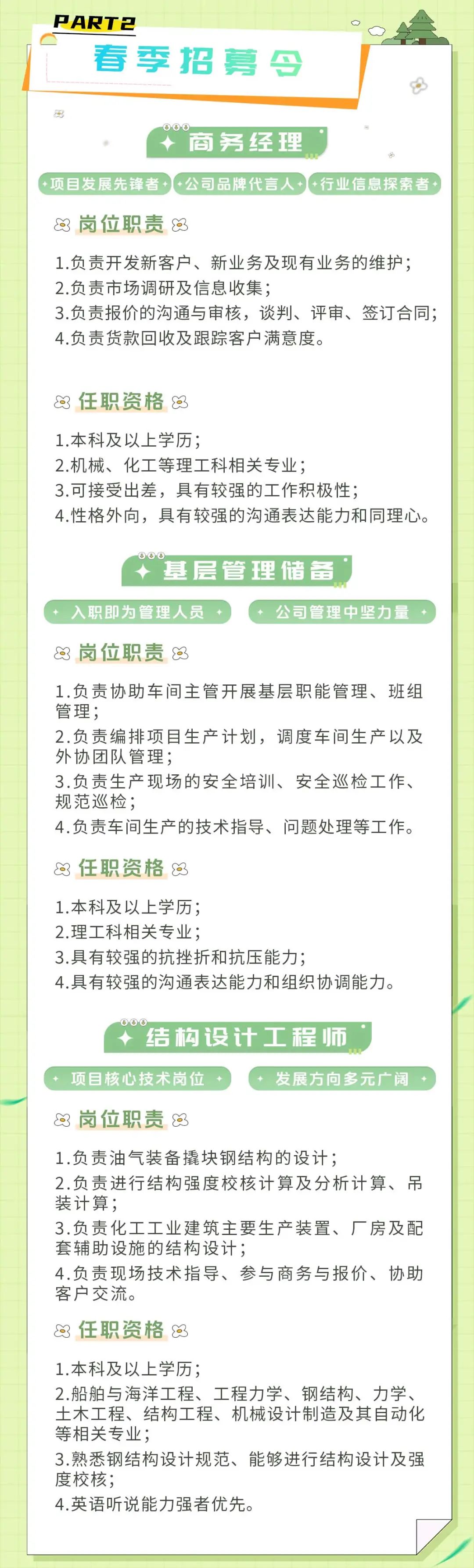 <p>PART2</p>
<p>春季招募<br/>令</p>
<p>商务经理</p>
<p>项目发展先锋者+公司品牌代言人+行业信息探索者</p>
<p>岗位职责</p>
<p>1.负责开发新客户、新业务及现有业务的维护;<br/>2.负责市场调研及信息收集;</p>
<p>3.负责报价的沟通与审核，谈判、评审、签订合同;<br/>4.负责货款回收及跟踪客户满意度。</p>
<p>任职资格<br/> </p>
<p>1.本科及以上学历;</p>
<p>2.机械、化工等理工科相关专业;</p>
<p>3.可接受出差，具有较强的工作积极性;</p>
<p>4.性格外向，具有较强的沟通表达能力和同理心。</p>
<p>基层管理储备</p>
<p>入职即为管理人员</p>
<p>公司管理中坚力量</p>
<p>岗位职责</p>
<p>1.负责协助车间主管开展基层职能管理、班组<br/>管理;</p>
<p>2.负责编排项目生产计划，调度车间生产以及<br/>外协团队管理;</p>
<p>3.负责生产现场的安全培训、安全巡检工作、<br/>规范巡检;</p>
<p>4.负责车间生产的技术指导、问题处理等工作。</p>
<p>任职资格</p>
<p>1.本科及以上学历;</p>
<p>2.理工科相关专业;</p>
<p>3.具有较强的抗挫折和抗压能力;</p>
<p>4.具有较强的沟通表达能力和组织协调能力。</p>
<p>结构设计工程师</p>
<p>项目核心技术岗位</p>
<p>发展方向多元广阔</p>
<p>岗位职责<br/>a</p>
<p>1.负责油气装备撬块钢结构的设计;</p>
<p>2.负责进行结构强度校核计算及分析计算、吊<br/>装计算;</p>
<p>3.负责化工工业建筑主要生产装置、厂房及配<br/>套辅助设施的结构设计;</p>
<p>4.负责现场技术指导、参与商务与报价、协助<br/>客户交流。</p>
<p>任职资格</p>
<p>1.本科及以上学历;</p>
<p>2.船舶与海洋工程、工程力学、钢结构、力学、<br/>土木工程、结构工程、机械设计制造及其自动化<br/>等相关专业;</p>
<p>3.熟悉钢结构设计规范、能够进行结构设计及强<br/>度校核;</p>
<p>4.英语听说能力强者优先。</p>
