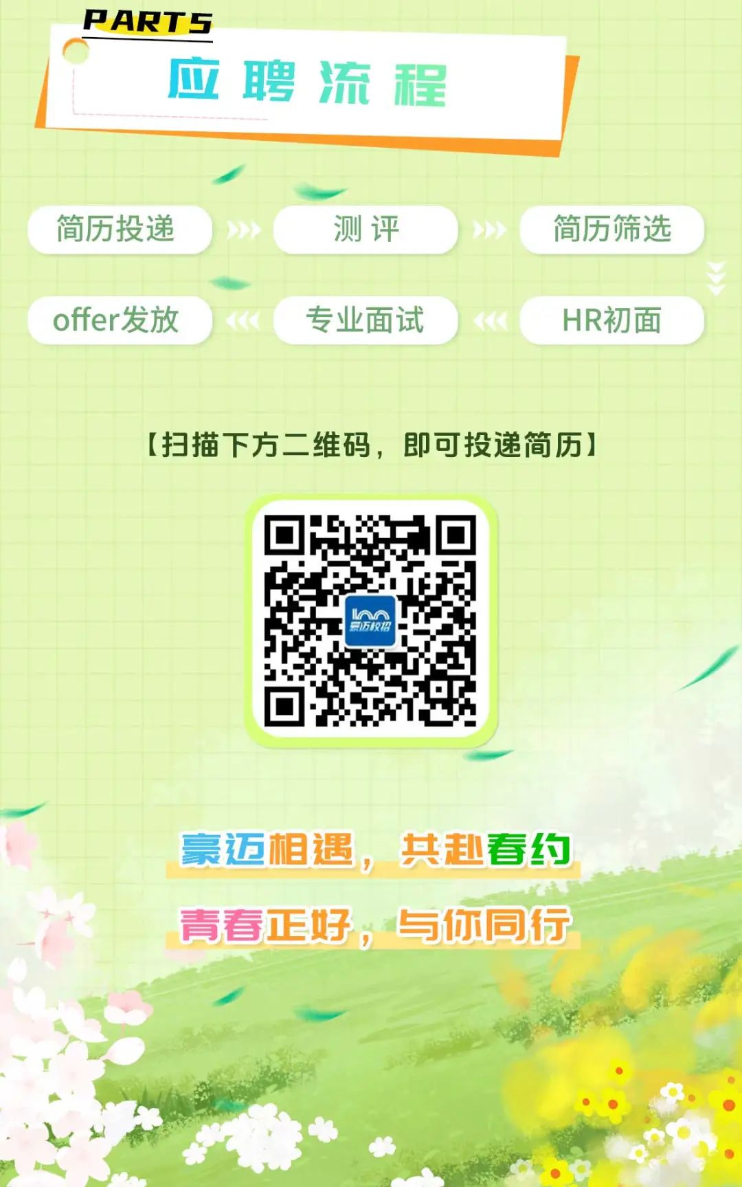 <p>PART5</p>
<p>应聘流程</p>
<p>简历投递<br/>offer发放</p>
<p>测评<br/>专业面试</p>
<p>简历筛选<br/>HR初面</p>
<p>[扫描下方二维码，即可投递简历]</p>
<p> <br/>泰迈校招</p>
<p>豪迈相遇，共赴春约<br/>青春正好，与你同行</p>

