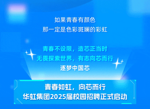 <p>如果青春有颜色</p>
<p>那一定是色彩斑斓的彩虹</p>
<p> </p>
<p>青春不设限,造芯正当时</p>
<p>无畏探索世界,有志向芯而行十</p>
<p>逐梦中国芯</p>
<p>青春如虹,向芯而行</p>
<p>华虹集团2025届校园招聘正式启动</p>