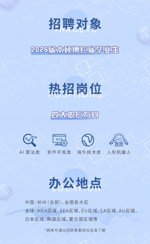 <p>招聘对象</p>
<p>2025届本硕博应届毕业生</p>
<p>热招岗位<br/>四大职位方向</p>
<p>AI算法类</p>
<p>软件开发类</p>
<p>海外技术类</p>
<p>人形机器人</p>
<p>办公地点</p>
<p>中国:杭州(总部)、全国各大区</p>
<p>全球:MEA区域、SEA区域、EU区域、CA区域、AU区域、<br/>日本区域、韩国区域、蒙古国区域等</p>
<p>*具体可通过扫码查看岗位信息了解</p>
