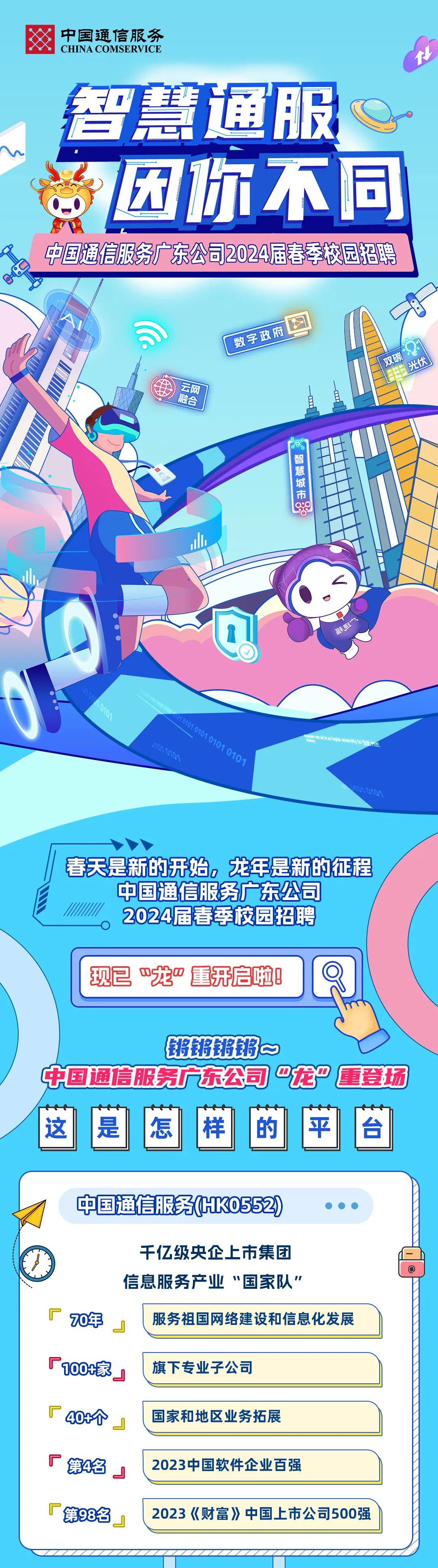 <p>中国通信服务<br/>CHINA COMSERVICE</p>
<p>智慧通服<br/>因你不同<br/>中国通信服务广东公司204届春季校园招聘</p>
<p>云网</p>
<p>融合</p>
<p>数字政府</p>
<p>双碳</p>
<p>光伏</p>
<p>M</p>
<p>智慧城市</p>
<p>os</p>
<p>海</p>
<p>1010101010101 010</p>
<p>春天是新的开始，龙年是新的征程<br/>中国通信服务广东公司</p>
<p>2024届春季校园招聘</p>
<p>现已&ldquo;龙&rdquo;重开启啦!</p>
<p>锵锵锵锵~</p>
<p>十国通信服务广东公司&ldquo;龙&rdquo;<br/>重登场<br/>这</p>
<p>是</p>
<p>怎</p>
<p>样</p>
<p>的<br/>平台</p>
<p>中国通信服务(K0552)</p>
<p>70年</p>
<p>千亿级央企上市集团</p>
<p>信息服务产业&ldquo;国家队&rdquo;</p>
<p>服务祖国网络建设和信息化发展</p>
<p>厂<br/>100+家</p>
<p> <br/>40+个</p>
<p>厂<br/>第4名</p>
<p>厂第98名</p>
<p>旗下专业子公司</p>
<p>国家和地区业务拓展</p>
<p>2023中国软件企业百强</p>
<p>2023《财富》中国上市公司500强</p>
