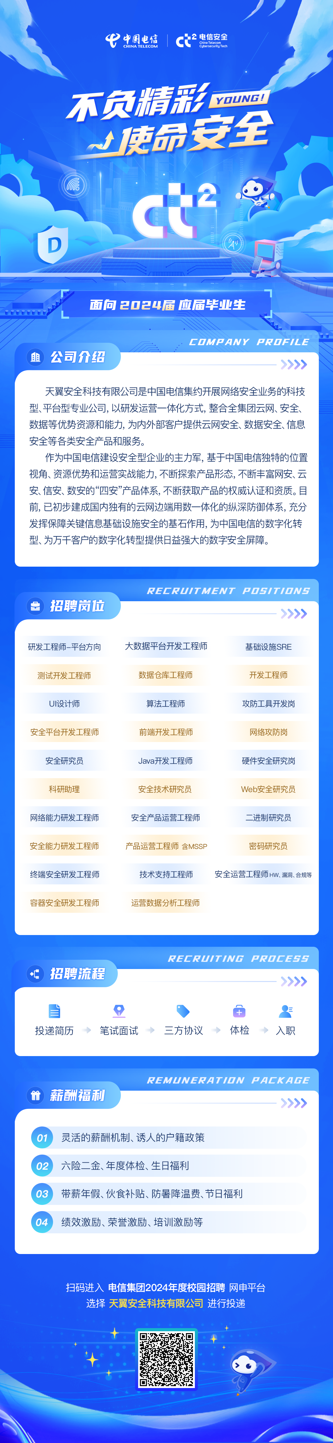 <p>中国电信<br/>CHINATELECOM</p>
<p>2电信安全<br/>C</p>
<p>Cybersecurity Tech<br/>China Telecom</p>
<p>不负精彩</p>
<p>YOUNG!</p>
<p>使命安全</p>
<p>2</p>
<p>面向2024届应届毕业生</p>
<p>组公司介绍</p>
<p>COMPANY PROFILE</p>
<p>天翼安全科技有限公司是中国电信集约开展网络安全业务的科技<br/>型、平台型专业公司,以研发运营一体化方式,整合全集团云网、安全、<br/>数据等优势资源和能力,为内外部客户提供云网安全、数据安全、信息<br/>安全等各类安全产品和服务。</p>
<p>作为中国电信建设安全型企业的主力军,基于中国电信独特的位置<br/>视角、资源优势和运营实战能力,不断探索产品形态，不断丰富网安、云<br/>安、信安、数安的“四安”产品体系,不断获取产品的权威认证和资质。目<br/>前,已初步建成国内独有的云网边端用数一体化的纵深防御体系,充分<br/>发挥保障关键信息基础设施安全的基石作用,为中国电信的数字化转<br/>型、为万千客户的数字化转型提供日益强大的数字安全屏障。</p>
<p>招聘岗位</p>
<p>RECRUITMENT POSITIONS</p>
<p>研发工程师-平台方向<br/>测试开发工程师</p>
<p>UI设计师</p>
<p>安全平台开发工程师</p>
<p>安全研究员<br/>科研助理</p>
<p>网络能力研发工程师<br/>安全能力研发工程师<br/>终端安全研发工程师<br/>容器安全研发工程师</p>
<p>大数据平台开发工程师</p>
<p>基础设施SRE</p>
<p>数据仓库工程师</p>
<p>开发工程师</p>
<p>算法工程师</p>
<p>攻防工具开发岗</p>
<p>前端开发工程师</p>
<p>网络攻防岗</p>
<p>Java开发工程师</p>
<p>硬件安全研究岗</p>
<p>安全技术研究员</p>
<p>Web安全研究员</p>
<p>安全产品运营工程师</p>
<p>二进制研究员</p>
<p>产品运营工程师 含MSSP</p>
<p>密码研究员</p>
<p>技术支持工程师</p>
<p>安全运营工程师HW、漏洞、合规等</p>
<p>运营数据分析工程师</p>
<p>招聘流程</p>
<p>RECRUITING</p>
<p>PRDCESS</p>
<p>投递简历</p>
<p>笔试面试</p>
<p>三方协议</p>
<p>体检</p>
<p>入职</p>
<p> 薪酬福利</p>
<p>REMUNERATION<br/>PACKAGE</p>
<p>01灵活的薪酬机制、诱人的户籍政策</p>
<p>02六险二金、年度体检、生日福利</p>
<p>03带薪年假、伙食补贴、防暑降温费、节日福利<br/>04绩效激励、荣誉激励、培训激励等</p>
<p>扫码进入电信集团2024年度校园招聘 网申平台<br/>选择 天翼安全科技有限公司进行投递</p>
<p>a.5r5</p>
