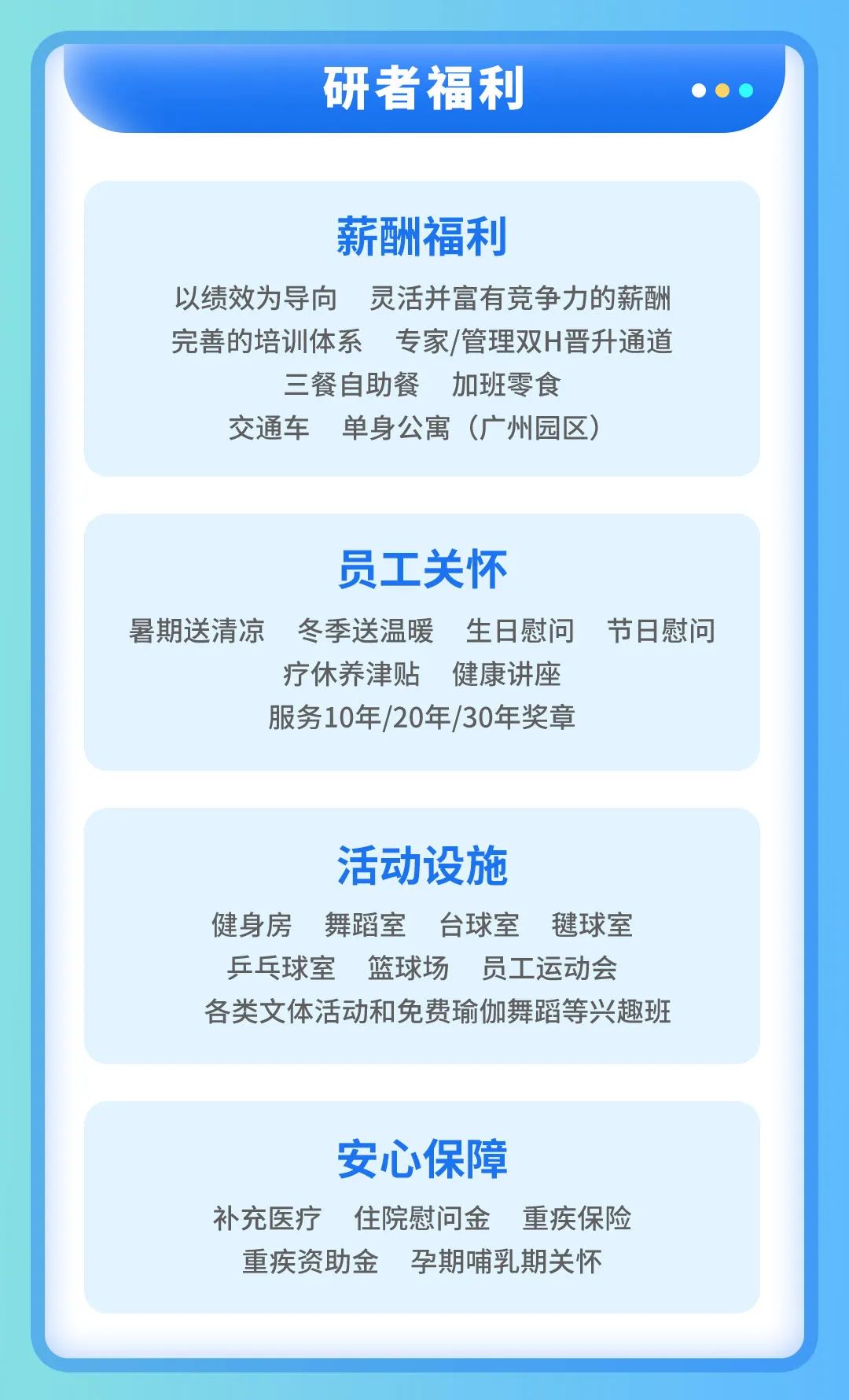 <p>研者福利</p>
<p>薪酬福利</p>
<p>以绩效为导向灵活并富有竞争力的薪酬<br/>完善的培训体系专家/管理双H晋升通道</p>
<p>三餐自助餐 加班零食</p>
<p>交通车单身公寓(广州园区)</p>
<p>员工关怀</p>
<p>暑期送清凉 冬季送温暖 生日慰问 节日慰问</p>
<p>疗休养津贴<br/>健康讲座</p>
<p>服务10年/20年/30年奖章</p>
<p>活动设施</p>
<p>健身房 舞蹈室 台球室 毽球室<br/>乒乓球室 篮球场 员工运动会</p>
<p>各类文体活动和免费瑜伽舞蹈等兴趣班</p>
<p>安心保障</p>
<p>补充医疗住院慰问金<br/>重疾保险</p>
<p>重疾资助金孕期哺乳期关怀</p>
