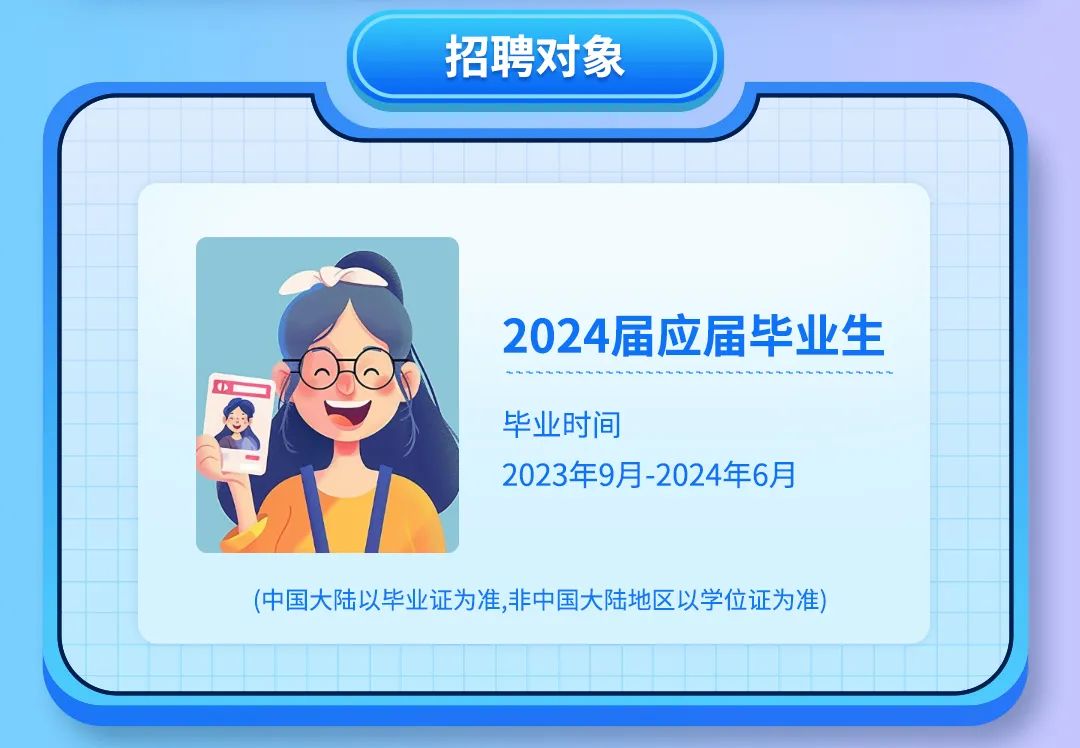 <p>招聘对象</p>
<p>2024届应届毕业生</p>
<p>毕业时间</p>
<p>2023年9月-2024年6月</p>
<p>(中国大陆以毕业证为准,非中国大陆地区以学位证为准)</p>
