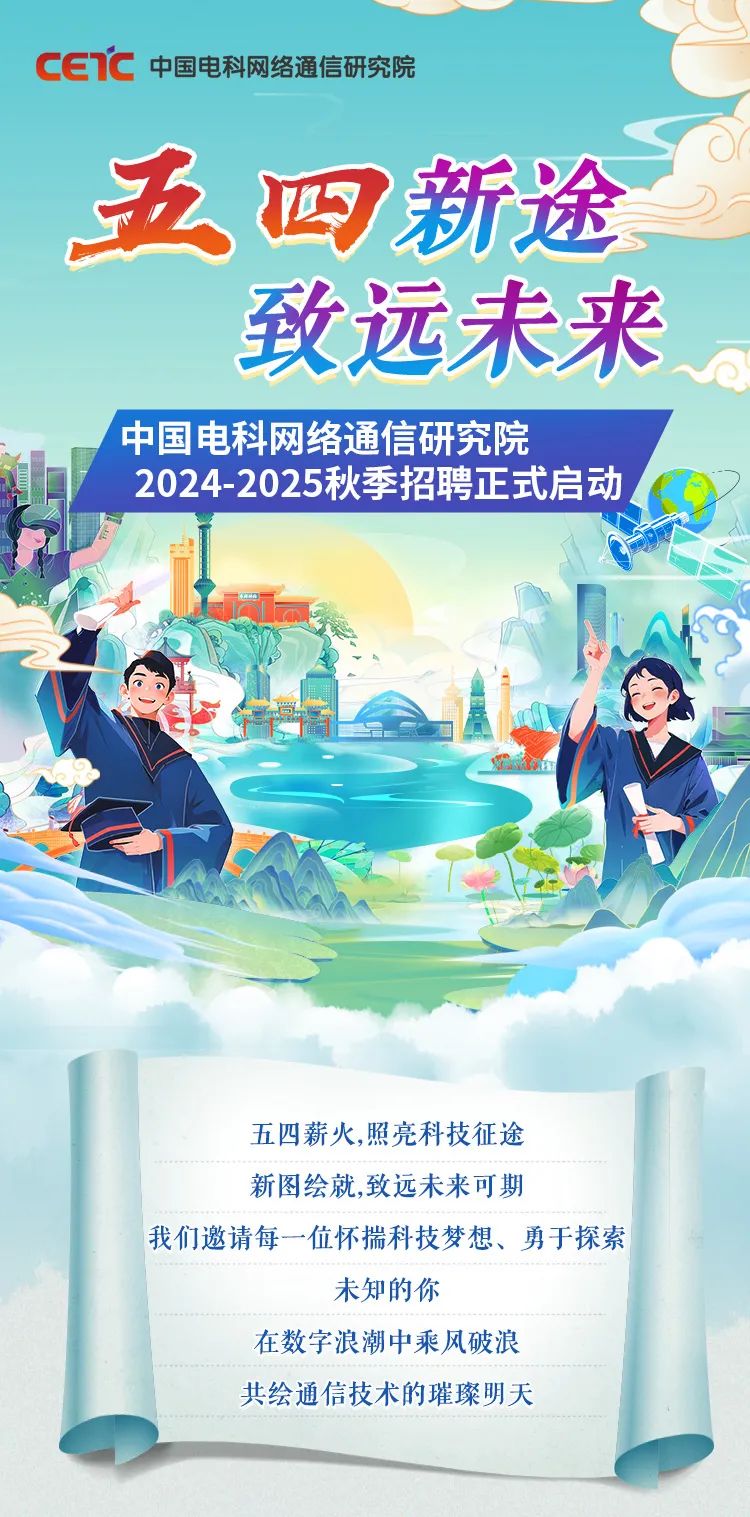 <p>CEn\'C中国电科网络通信研究院</p>
<p>五四新途</p>
<p>致远未来</p>
<p>I中国电科网络通信研究院</p>
<p>2024-2025秋季招聘正式启动</p>
<p>五四薪火,照亮科技征途</p>
<p>新图绘就,致远未来可期</p>
<p>我们邀请每一-位怀揣科技梦想、勇于探索</p>
<p>未知的你</p>
<p>在数字浪潮中乘风破浪</p>
<p>共绘通信技术的璀璨明天</p>
