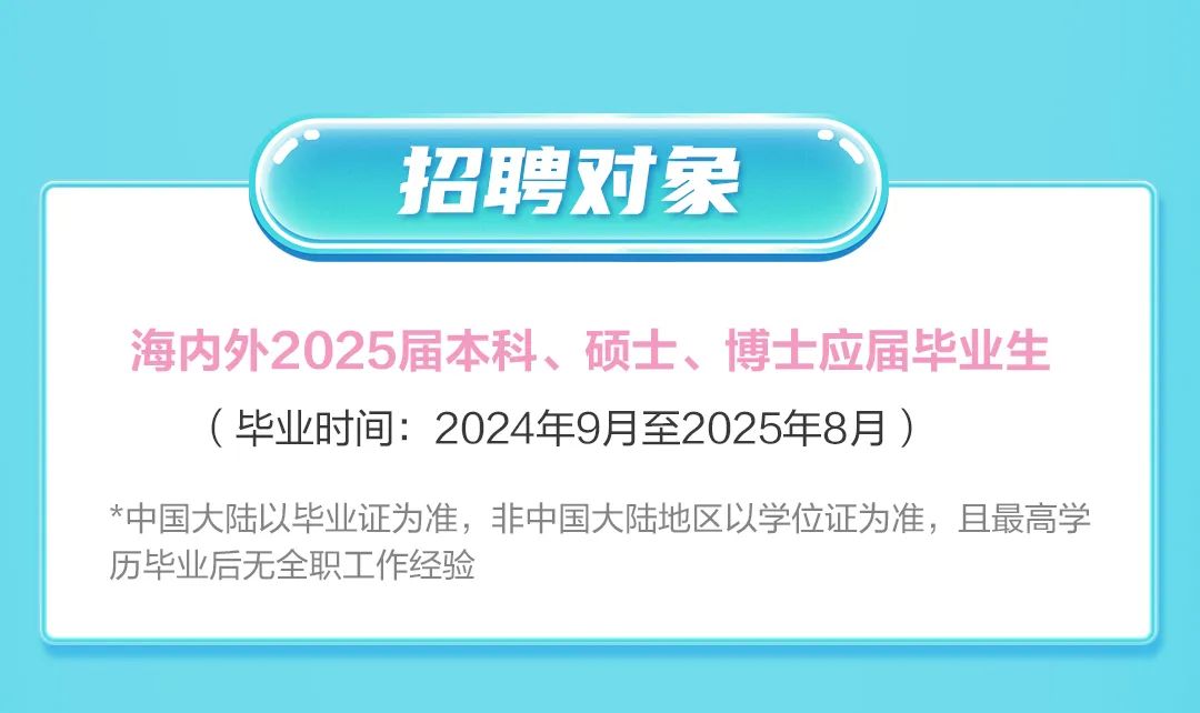 <p>招聘对象</p>
<p>海内外2025届本科、硕士、博士应届毕业生<br/>(毕业时间:2024年9月至2025年8月)</p>
<p>*中国大陆以毕业证为准，非中国大陆地区以学位证为准，且最高学<br/>历毕业后无全职工作经验</p>
