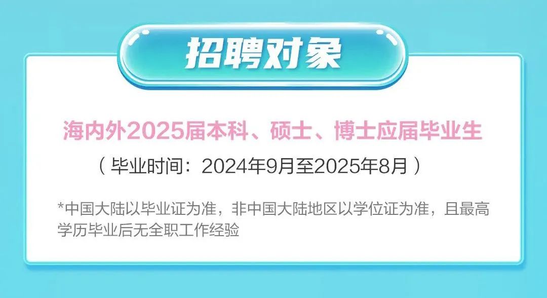 <p>招聘对象</p>
<p>海内外2025届本科、硕士、博士应届毕业生<br/>(毕业时间:2024年9月至2025年8月)</p>
<p>*中国大陆以毕业证为准，非中国大陆地区以学位证为准，且最高<br/>学历毕业后无全职工作经验</p>
