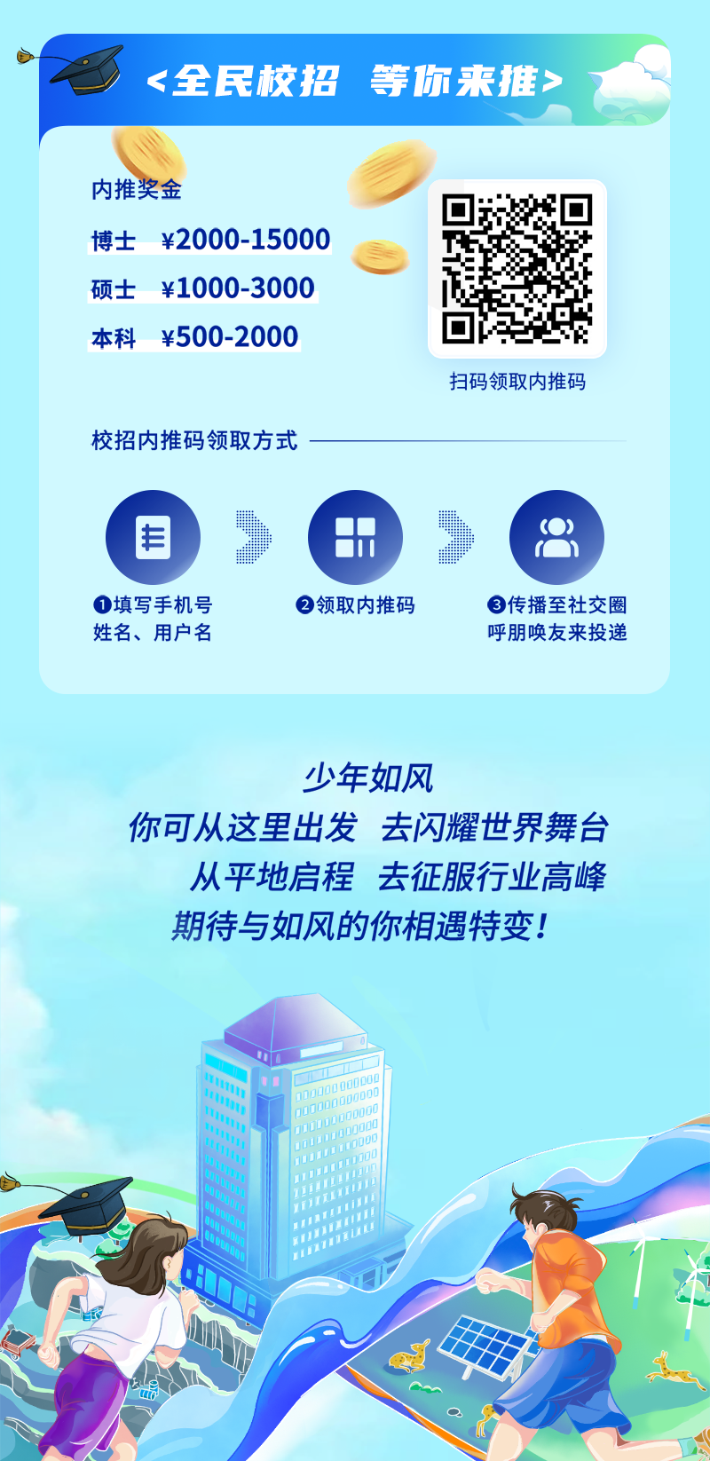 <p> 填写手机号 领取内推码 传播至社交圈</p>
<p>姓名、用户名呼朋唤友来投递</p>
<p>少年如风</p>
<p>你可从这里出发去闪耀世界舞台</p>
<p>从平地启程去征服行业高峰</p>
<p>期待与如风的你相遇特变!</p>
<p>00000</p>
<p>Do0o0</p>
<p>ODDO0DDC</p>
<p>QUL</p>
<p>u</p>

<table>
<tr><td colspan="3"><全民校招等你来推>一</td>
</tr>
<tr><td colspan="2">内推奖金博士¥2000-15000硕士¥1000-3000本科¥500-2000</td>
<td>回回</td>
</tr>
<tr><td colspan="3">扫码领取内推码校招内推码领取方式一</td>
</tr>
<tr><td>自</td>
<td colspan="2">)》 H 衢</td>
</tr>
</table>
