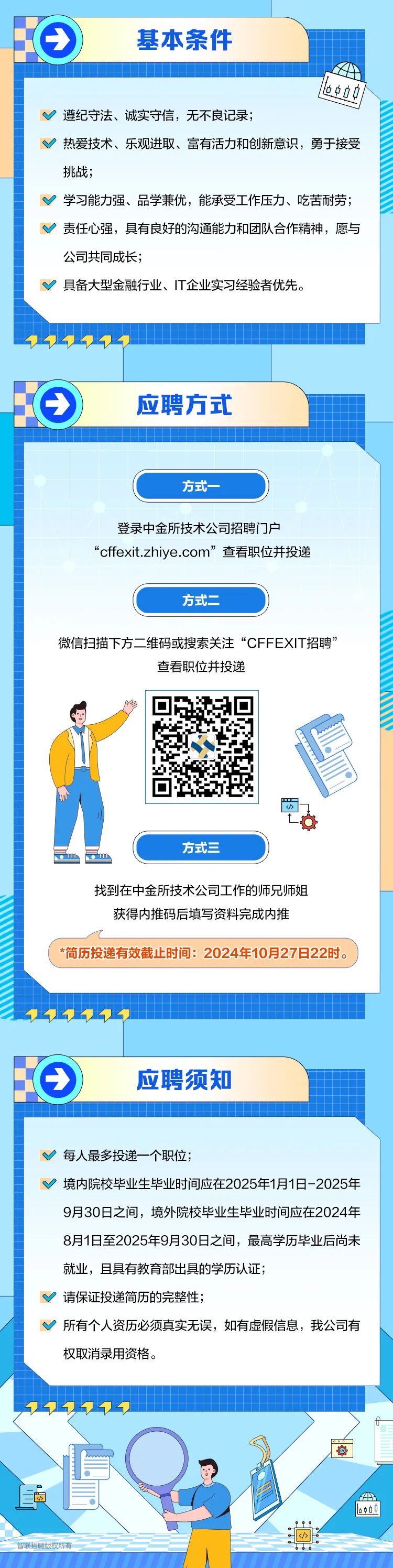 <p>基本条件</p>
<p>1000</p>
<p>V遵纪守法、诚实守信,无不良记录;</p>
<p>V热爱技术、乐观进取、富有活力和创新意识,勇于接受</p>
<p>挑战;</p>
<p>V学习能力强、品学兼优,能承受工作压力、吃苦耐劳;</p>
<p>V责任心强,具有良好的沟通能力和团队合作精神,愿与</p>
<p>公司共同成长;</p>
<p>V具备大型金融行业、IT企业实习经验者优先。</p>
<p>➢➢</p>
<p>应聘方式</p>
<p>方式一</p>
<p>登录中金所技术公司招聘i ]户</p>
<p>&ldquo;cffexit.zhiye.com&rdquo;查看职位并投递</p>
<p>方式二</p>
<p>微信扫描下方二 维码或搜索关注&ldquo;CFFEXIT招聘&rdquo;</p>
<p>查看职位并投递</p>
<p>P. I(一</p>
<p>_女</p>
<p>方式三</p>
<p>找到在中金所技术公司工作的师兄师姐</p>
<p>获得内推码后填写资料完成内推</p>
<p>*简历投递有效截止时间: 2024年10月27日22时。</p>
<p>)应聘须知</p>
<p>v每人最多投递一个职位;</p>
<p>V境内院校毕业生毕业时间应在2025年1月1日-2025年</p>
<p>9月30日之间,境外院校毕业生毕业时间应在2024年</p>
<p>8月1日至2025年9月30日之间,最高学历毕业后尚未</p>
<p>就业,且具有教育部出具的学历认证;</p>
<p>V请保证投递简历的完整性;</p>
<p>V所有个人资历必须真实无误,如有虚假信息,我公司有</p>
<p>权取消录用资格。</p>
<p>PoB</p>
<p>I☐</p>
<p>后(</p>
<p>鱼H</p>
<p>b 0</p>
<p></></p>
<p>智联招聘版权所有</p>
