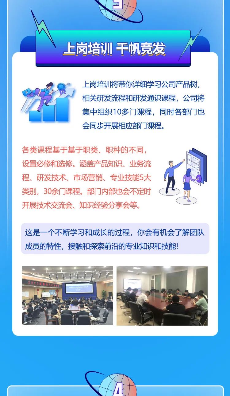 <p>上岗培训干帆竞发</p>
<p>上岗培训将带你详细学习公司产品树,</p>
<p>爱相关研发流程和研发通识课程,公司将</p>
<p>集中组织10多门课程,同时各部1 ]也</p>
<p>会同步开展相应部门]课程。</p>
<p>各类课程基于基于职类、职种的不同,</p>
<p>设置必修和选修。涵盖产品知识、业务流</p>
<p>程、研发技术、市场营销、专业技能5大</p>
<p>类别,30余门课程。部]内部也会不定时P</p>
<p>开展技术交流会、知识经验分享会等。</p>
<p>这是一个不断学习和成长的过程,你会有机会了解团队</p>
<p>成员的特性,接触和探索前沿的专业知识和技能!</p>
