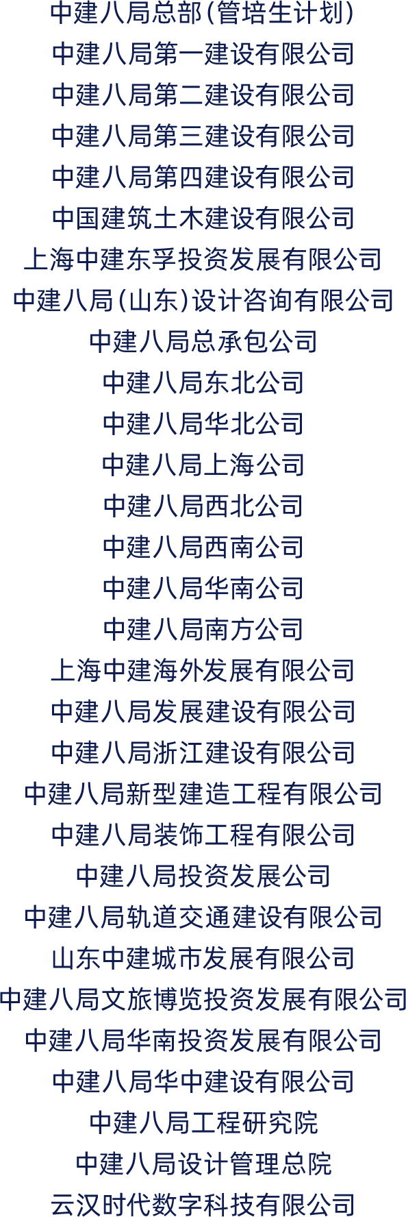 <p>中建八局总部(管培生计划)</p>
<p>中建八局第一建设有限公司</p>
<p>中建八局第二建设有限公司</p>
<p>中建八局第三建设有限公司</p>
<p>中建八局第四建设有限公司</p>
<p>中国建筑土木建设有限公司</p>
<p>上海中建东孚投资发展有限公司</p>
<p>中建八局(山东)设计咨询有限公司</p>
<p>中建八局总承包公司</p>
<p>中建八局东北公司</p>
<p>中建八局华北公司</p>
<p>中建八局上海公司</p>
<p>中建八局西北公司</p>
<p>中建八局西南公司</p>
<p>中建八局华南公司</p>
<p>中建八局南方公司</p>
<p>.上海中建海外发展有限公司</p>
<p>中建八局发展建设有限公司</p>
<p>中建八局浙江建设有限公司</p>
<p>中建八局新型建造工程有限公司</p>
<p>中建八局装饰工程有限公司</p>
<p>中建八局投资发展公司</p>
<p>中建八局轨道交通建设有限公司</p>
<p>山东中建城市发展有限公司</p>
<p>中建八局文旅博览投资发展有限公司</p>
<p>中建八局华南投资发展有限公司</p>
<p>中建八局华中建设有限公司</p>
<p>中建八局工程研究院</p>
<p>中建八局设计管理总院</p>
<p>云汉时代数字科技有限公司</p>
