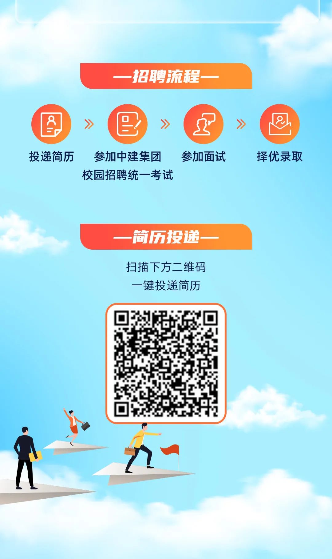<p>-招聘流程一</p>
<p>图》图》2》网</p>
<p>投递简历参加中建集团参加面试择优录取</p>
<p>校园招聘统一考试</p>
<p>简历投递一</p>
<p>扫描下方二维码</p>
<p>一键投递简历</p>
