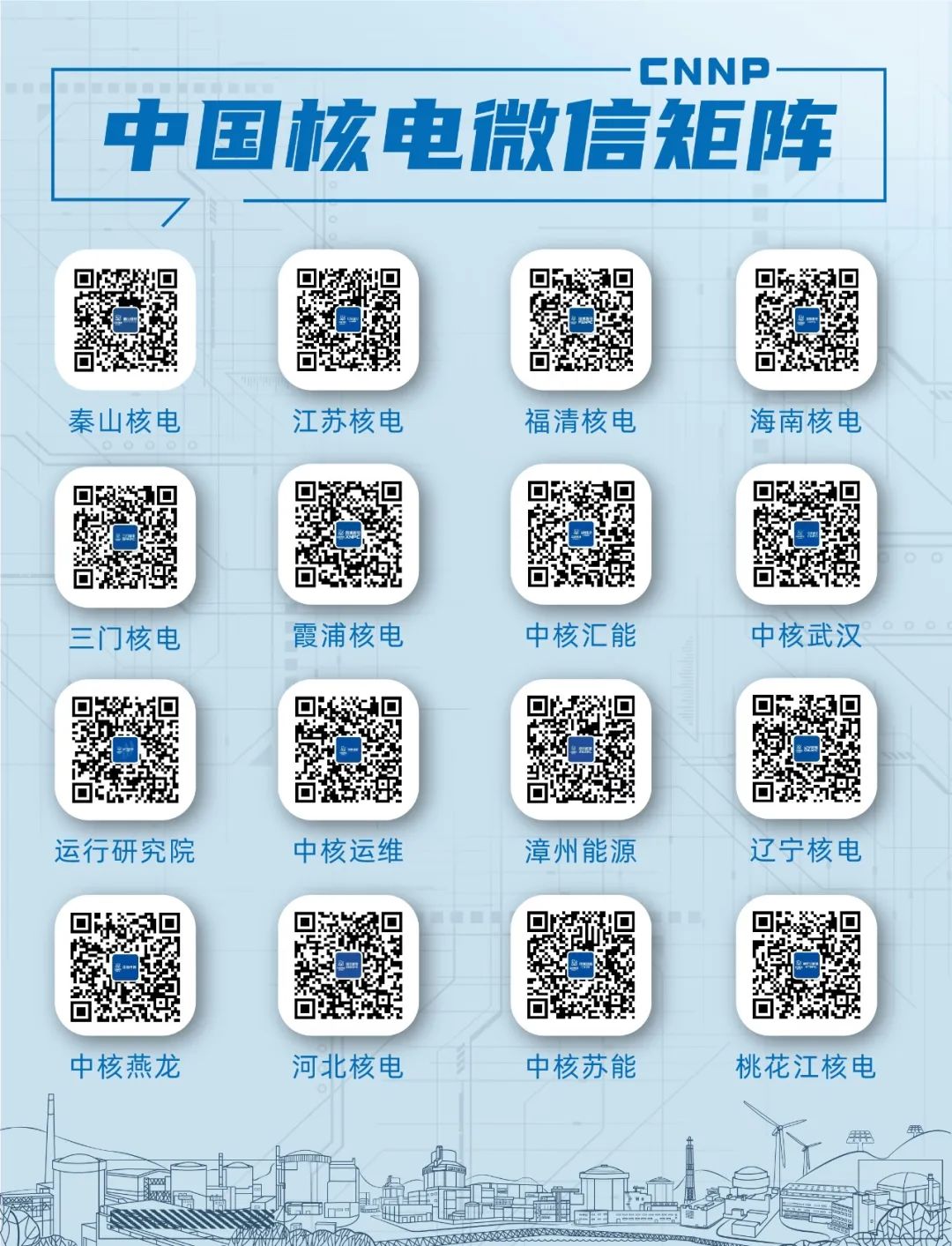 <p>秦山核电江苏核电</p>
<p>运行研究院中核运维漳州能源</p>

<table>
<tr><td colspan="2"></td>
<td colspan="13">-CNNP</td>
</tr>
<tr><td colspan="15">中 国核电微信矩阵7</td>
</tr>
<tr><td colspan="2">回。t回</td>
<td></td>
<td></td>
<td>回 回。回 驱</td>
<td colspan="2"></td>
<td colspan="3">想回</td>
<td></td>
<td>回 回经回</td>
<td colspan="3"></td>
</tr>
<tr><td colspan="2"></td>
<td></td>
<td></td>
<td rowspan="3"></td>
<td colspan="10">福清核电 海南核电</td>
</tr>
<tr><td rowspan="2" colspan="2">☐像回i</td>
<td rowspan="2"></td>
<td></td>
<td colspan="2"></td>
<td rowspan="2" colspan="3">回回</td>
<td></td>
<td rowspan="2">回一</td>
<td colspan="3"></td>
</tr>
<tr><td></td>
<td colspan="2"></td>
<td></td>
<td colspan="3"></td>
</tr>
<tr><td colspan="15">三门核电 霞浦核电 中核汇能 中核武汉</td>
</tr>
<tr><td colspan="2">回 回C0</td>
<td colspan="2"></td>
<td></td>
<td colspan="2"></td>
<td colspan="3">”</td>
<td colspan="5">回网</td>
</tr>
<tr><td rowspan="2" colspan="2">县国回</td>
<td colspan="2"></td>
<td rowspan="2">国了回</td>
<td colspan="2"></td>
<td rowspan="2" colspan="3">☐ 回一合</td>
<td></td>
<td>辽宁核电</td>
<td></td>
<td></td>
<td></td>
</tr>
<tr><td colspan="2"></td>
<td colspan="2"></td>
<td></td>
<td></td>
<td colspan="3"></td>
</tr>
<tr><td colspan="5">中核燕龙 河北核电</td>
<td></td>
<td colspan="9">中核苏能 桃花江核电Y</td>
</tr>
<tr><td colspan="7">)</td>
<td></td>
<td colspan="7">带 r 费</td>
</tr>
<tr><td></td>
<td></td>
<td></td>
<td colspan="4">一</td>
<td></td>
<td colspan="7">品 e</td>
</tr>
<tr><td colspan="6">一y品工</td>
<td></td>
<td></td>
<td>着配2</td>
<td></td>
<td colspan="2"></td>
<td colspan="3"></td>
</tr>
</table>
