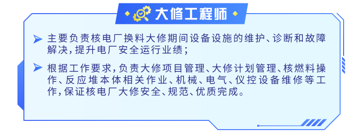 <p>大修工程师</p>
<p>主要负责核电厂换料大修期间设备设施的维护、诊断和故障<br/>解决,提升电厂安全运行业绩;</p>
<p>根据工作要求，负责大修项目管理、大修计划管理、核燃料操<br/>作、反应堆本体相关作业、机械、电气、仪控设备维修等工<br/>作,保证核电厂大修安全、规范、优质完成。</p>

