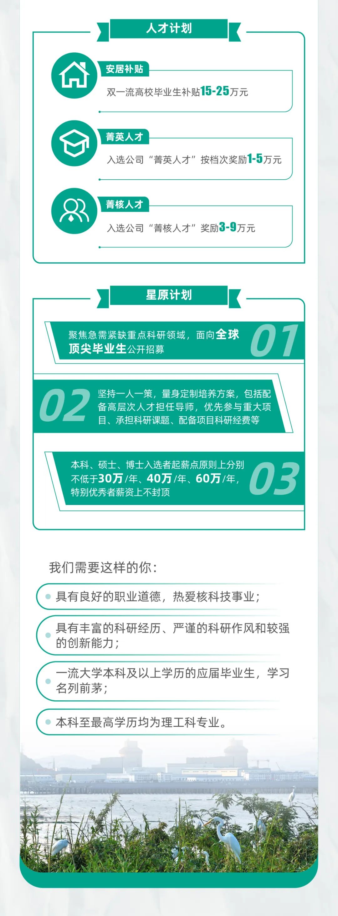 <p>人才计划</p>
<p>安居补贴</p>
<p>双一流高校毕业生补贴15-25万元</p>
<p>菁英人才</p>
<p>入选公司“菁英人才”按档次奖励1-5万元</p>
<p>菁核人才</p>
<p>入选公司“菁核人才”奖励3-9万元</p>
<p>星原计划</p>
<p>聚焦急需紧缺重点科研领域，面向全球</p>
<p>07</p>
<p>顶尖毕业生公开招募</p>
<p>02<br/>坚持一人一策，量身定制培养方案，包括配</p>
<p>备高层次人才担任导师，优先参与重大项</p>
<p>目、承担科研课题、配备项目科研经费等</p>
<p>本科、硕士、博士入选者起薪点原则上分别<br/>不低于30万/年、40万/年、60万/年<br/>特别优秀者薪资上不封顶</p>
<p>我们需要这样的你:</p>
<p>具有良好的职业道德，热爱核科技事业;</p>
<p>具有丰富的科研经历、严谨的科研作风和较强<br/>的创新能力;</p>
<p>一流大学本科及以上学历的应届毕业生，学习<br/>名列前茅;</p>
<p>本科至最高学历均为理工科专业。</p>
