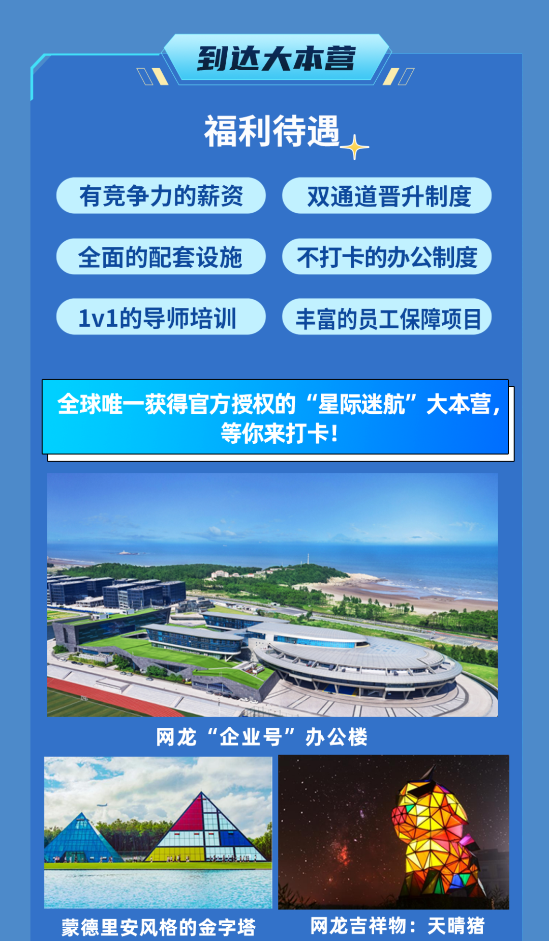 <p>到达大本营</p>
<p>uI</p>
<p>福利待遇</p>
<p>蒙德里安风格的金字塔网龙吉祥物:天晴猪</p>

<table>
<tr><td colspan="3">有竞争力的薪资) 双通道晋升制度</td>
</tr>
<tr><td colspan="3">全面的配套设施 不打卡的办公制度 )</td>
</tr>
<tr><td colspan="3">1v1的导师培训 (丰富的员工保障项目</td>
</tr>
<tr><td colspan="3">全球唯一获得官方授权的“星际迷航”大本营,等你来打卡!</td>
</tr>
<tr><td colspan="3"></td>
</tr>
<tr><td colspan="2">I心</td>
<td></td>
</tr>
<tr><td colspan="3">网龙“企业号”办公楼金</td>
</tr>
<tr><td></td>
<td></td>
<td></td>
</tr>
<tr><td></td>
<td></td>
<td></td>
</tr>
</table>
