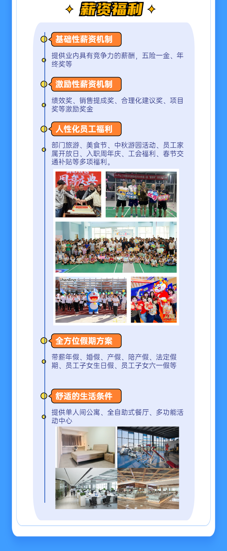 <table>
<tr><td colspan="3"> 薪资福利 </td>
</tr>
<tr><td colspan="3">{基础性薪资机制提供业内具有竞争力的薪酬,五险一金、年终奖等(激励性薪资机制绩效奖、销售提成奖、合理化建议奖、项目奖等激励奖金人性化员工福利部门旅游、美食节、中秋游园活动、员工家属开放日、入职周年庆、工会福利、春节交通补贴等多项福利。</td>
</tr>
<tr><td rowspan="3"></td>
<td>同表典清</td>
<td>6海吃小</td>
</tr>
<tr><td colspan="2">11月2司 \' 华</td>
</tr>
<tr><td colspan="2">ShenlingAM YS</td>
</tr>
<tr><td colspan="3">全方位假期方案,带薪年假、 婚假、产假、陪产假、法定假期、员工子女生日假、员工子女六一假等{舒适的生活条件C 提供单人间公寓、全自助式餐厅、多功能活动中心A1中店一</td>
</tr>
<tr><td colspan="3"></td>
</tr>
<tr><td colspan="3"></td>
</tr>
</table>