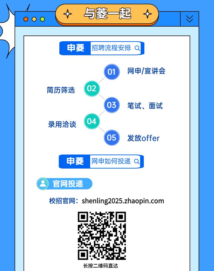 <p>官网投递</p>
<p>校招官网: shenling2025.zhaopin.com</p>
<p>长按二维码直达</p>
<table>
<tr><td colspan="3">OOO 与菱-起 )</td>
<td>V</td>
</tr>
<tr><td colspan="4"></td>
</tr>
<tr><td>申菱</td>
<td>招聘流程安排Q</td>
<td colspan="2"></td>
</tr>
<tr><td colspan="4">\' 01 网申/宣讲会/简历筛选 02\\03 笔试、面试/录用洽谈 \' 04\\05 发放offer</td>
</tr>
<tr><td>申菱</td>
<td>网申如何投递Q</td>
<td colspan="2"></td>
</tr>
</table>