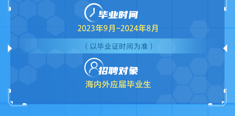 <p>人毕业时间<br/>2023年9月-2024年8月<br/>(以毕业证时间为准)</p>
<p>O<br/>招聘对象<br/>海内外应届毕业生</p>
