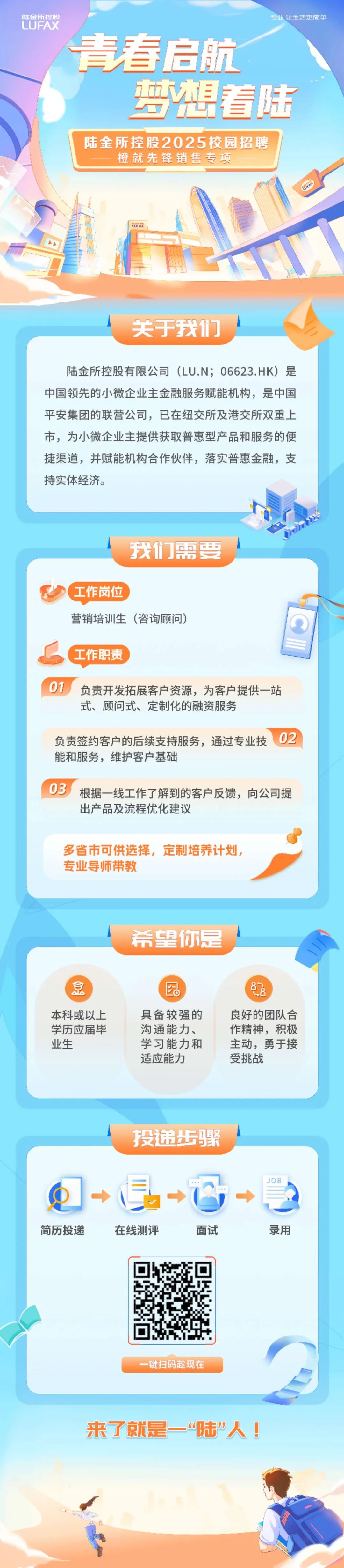 <p>陆金所控股<br/>LUFAX</p>
<p>专业让生活更简单</p>
<p>青春启航</p>
<p>梦想着陆</p>
<p>陆金所控股2025校园招聘<br/>橙就先锋销售专项</p>
<p>关于我们</p>
<p>陆金所控股有限公司(LU.N;06623.HK)是<br/>中国领先的小微企业主金融服务赋能机构，是中国<br/>平安集团的联营公司，已在纽交所及港交所双重上<br/>市，为小微企业主提供获取普惠型产品和服务的便<br/>捷渠道，并赋能机构合作伙伴，落实普惠金融，支<br/>持实体经济。</p>
<p>我们需要</p>
<p>工作岗位</p>
<p>营销培训生(咨询顾问)</p>
<p>工作职责</p>
<p>01</p>
<p>负责开发拓展客户资源，为客户提供一站<br/>式、顾问式、定制化的融资服务</p>
<p>负责签约客户的后续支持服务，通过专业技<br/>能和服务，维护客户基础</p>
<p>02</p>
<p>03</p>
<p>根据一线工作了解到的客户反馈，向公司提<br/>出产品及流程优化建议</p>
<p>多省市可供选择，定制培养计划，<br/>专业导师带教</p>
<p>希望你是</p>
<p>A</p>
<p>本科或以上<br/>学历应届毕<br/>业生</p>
<p>风园<br/>具备较强的<br/>沟通能力、<br/>学习能力和<br/>适应能力</p>
<p>8</p>
<p>良好的团队合<br/>作精神，积极<br/>主动，勇于接<br/>受挑战</p>
<p>投递步骤</p>
<p>10</p>
<p>简历投递</p>
<p>在线测评</p>
<p>面试</p>
<p>录用</p>
<p>键扫码趁现在</p>
<p>来了就是一&ldquo;陆&rdquo;人!</p>
