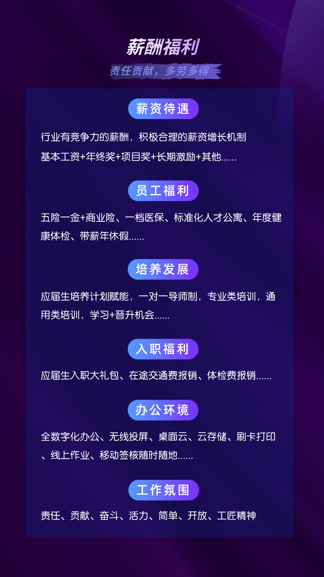 薪酬福利\\n责任贡献，多劳多得\\n薪资待遇\\n行业有竞争力的薪酬，积极合理的薪资增长机制\\n基本工资+年终奖+项目奖+长期激励+其他\\n员工福利\\n五险一金+商业险、一档医保、标准化人才公寓、年度健\\n康体检、带薪年休假\\n培养发展\\n应届生培养计划赋能，一对一导师制，专业类培训，通\\n用类培训，学习+晋升机会\\n入职福利\\n应届生入职大礼包、在途交通费报销、体检费报销\\n办公环境\\n全数字化办公、无线投屏、桌面云、云存储、刷卡打印\\n线上作业、移动签核随时随地\\n工作氛围\\n责任、贡献、奋斗、活力、简单、开放、工匠精神\\n