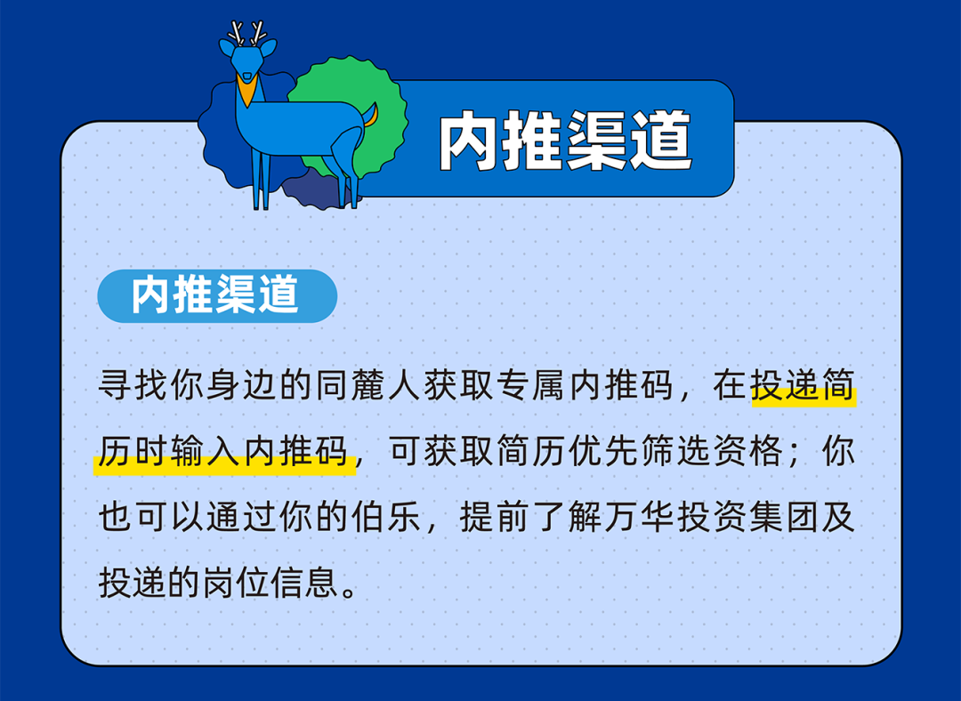 <p>内推渠道</p>
<p>内推渠道</p>
<p>寻找你身边的同麓人获取专属内推码，在投递简<br/>历时输入内推码，可获取简历优先筛选资格;你<br/>也可以通过你的伯乐，提前了解万华投资集团及<br/>投递的岗位信息。</p>
