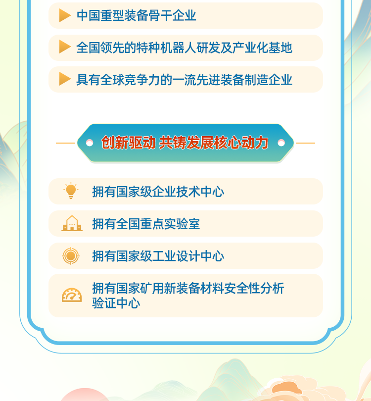 <p>中国重型装备骨干企业</p>
<p>. 全国领先的特种机器人研发及产业化基地</p>
<p>具有全球竞争力的一 -流先进装备制造企业</p>
<p>创新驱动共铸发展核心动力</p>
<p>拥有国家级企业技术中心</p>
<p>Hh拥有全国重点实验室</p>
<p>拥有国家级工业设计中心</p>
<p>拥有国家矿用新装备材料安全性分析</p>
<p>验证中心</p>
