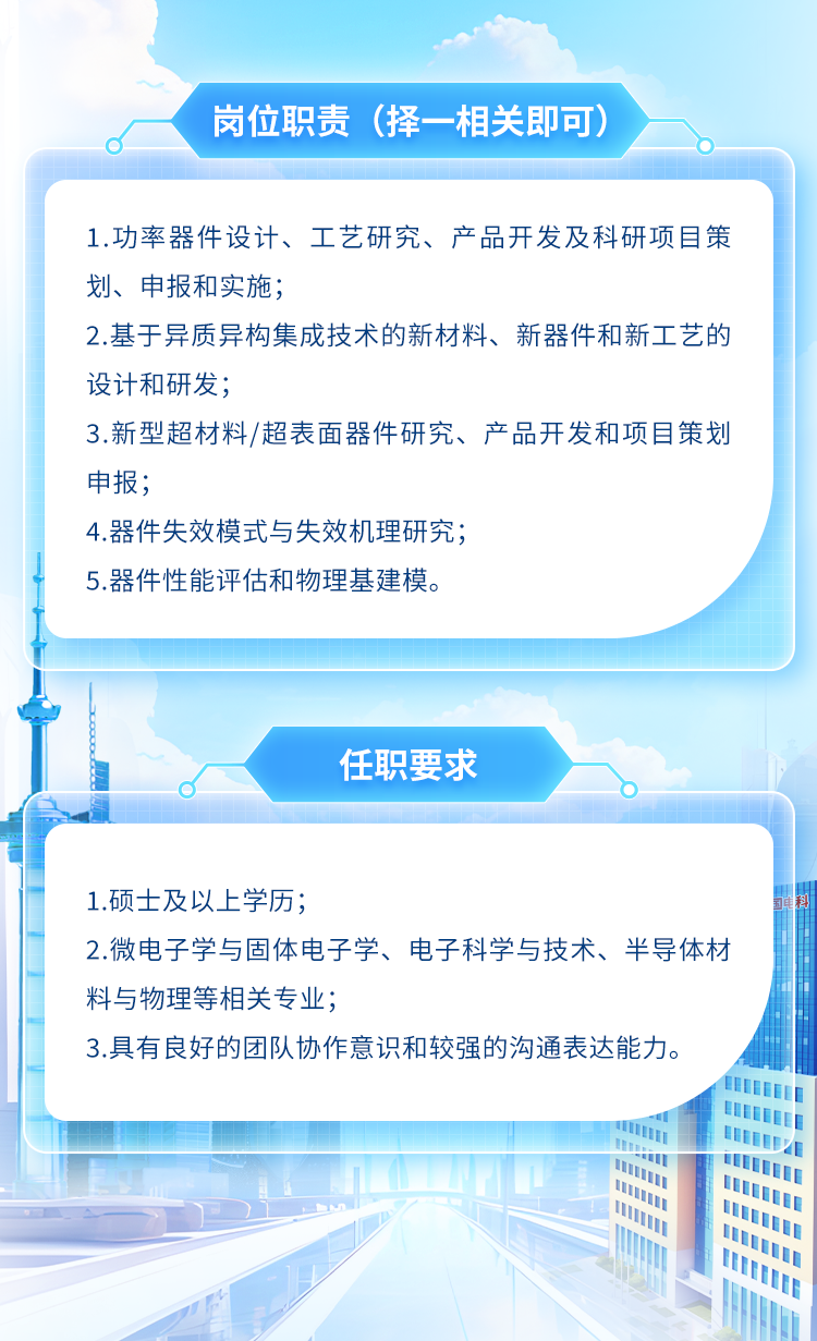 <p>岗位职责(择-相关即可)</p>
<p>I1</p>

<table>
<tr><td colspan="6">1.功率器件设计、工艺研究、产品开发及科研项目策划、申报和实施;2.基于异质异构集成技术的新材料、新器件和新工艺的设计和研发;3.新型超材料/超表面器件研究、产品开发和项目策划申报;4.器件失效模式与失效机理研究;5.器件性能评估和物理基建模。</td>
</tr>
<tr><td></td>
<td colspan="5">任职要求d1</td>
</tr>
<tr><td colspan="6">1.硕士及以上学历;2.微电子学与固体电子学、电子科学与技术、半导体材料与物理等相关专业;3.具有良好的团队协作意识和较强的沟通表达能力。”l</td>
</tr>
<tr><td colspan="4">I</td>
<td colspan="2"></td>
</tr>
<tr><td></td>
<td></td>
<td></td>
<td></td>
<td></td>
<td></td>
</tr>
<tr><td colspan="2"></td>
<td colspan="4">国</td>
</tr>
</table>
