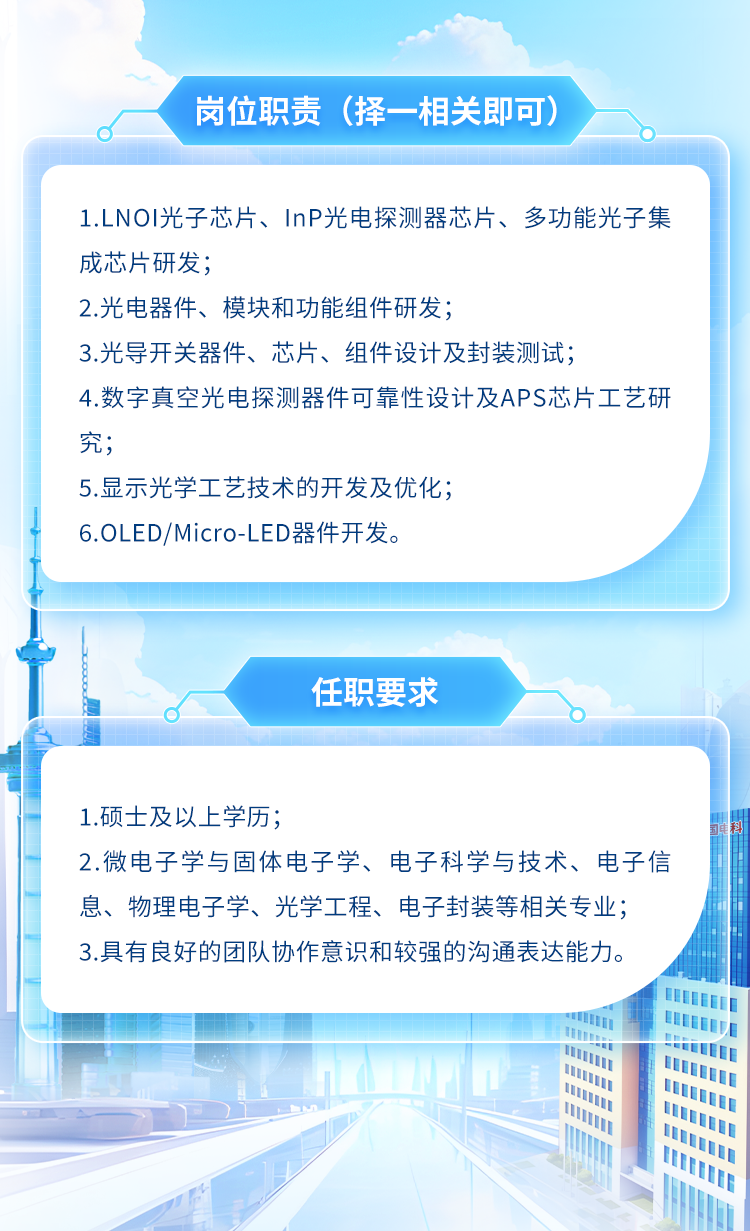 <p>岗位职责(择-相关即可)</p>
<p>I1</p>

<table>
<tr><td colspan="5">1.LNOI光子芯片、 InP光电探测器芯片、多功能光子集成芯片研发;2.光电器件、模块和功能组件研发;3.光导开关器件、芯片、组件设计及封装测试;4.数字真空光电探测器件可靠性设计及APS芯片工艺研究;5.显示光学工艺技术的开发及优化;6.0LED/Micro-LED器件开发。</td>
</tr>
<tr><td colspan="5">任职要求</td>
</tr>
<tr><td colspan="5">1.硕士及以上学历;2.微电子学与固体电子学、电子科学与技术、电子信息、物理电子学、光学工程、电子封装等相关专业;3.具有良好的团队协作意识和较强的沟通表达能力。..</td>
</tr>
<tr><td>I</td>
<td colspan="4">I 用</td>
</tr>
<tr><td colspan="3">" "</td>
<td>”</td>
<td>以</td>
</tr>
<tr><td colspan="2"></td>
<td colspan="3">国</td>
</tr>
</table>
