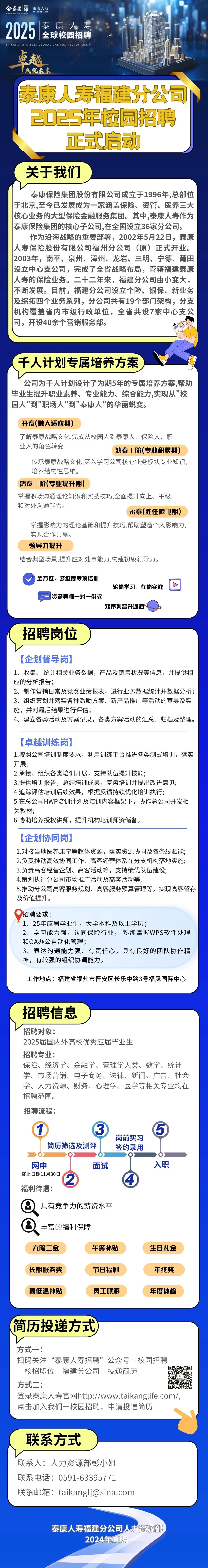 <p>分泰康<br/>泰康人寿</p>
<p>泰康保险里团世界500强企<br/>Taikang Life</p>
<p>2025<br/>泰康人寿</p>
<p>全球校园招聘</p>
<p>LLC<br/>2025<br/>GLOBAL CAMPUS RECRUITMENT<br/>白越</p>
<p>成就未来</p>
<p>泰康人寿福建分公司<br/>2025年校园招聘<br/>正式启动</p>
<p>关于我们</p>
<p>泰康保险集团股份有限公司成立于1996年,总部位<br/>于北京,至今已发展成为一家涵盖保险、资管、医养三大<br/>核心业务的大型保险金融服务集团。其中,泰康人寿作为<br/>泰康保险集团的核心子公司,在全国设立36家分公司。</p>
<p>作为沿海战略的重要部署，2002年5月22日，泰康<br/>人寿保险股份有限公司福州分公司(原)正式开业。<br/>2003年，南平、泉州、漳州、龙岩、三明、宁德、莆田<br/>设立中心支公司，完成了全省战略布局，管辖福建泰康<br/>人寿的保险业务。二十二年来，福建分公司由小变大，<br/>不断发展。目前，福建分公司设立个险、银保、新业务<br/>及综拓四个业务系列，分公司共有19个部门架构，分支<br/>机构覆盖省内市级行政单位，全省共设7家中心支公<br/>司，开设40余个营销服务部。</p>
<p>千人计划专属培养方案</p>
<p>公司为千人计划设计了为期5年的专属培养方案,帮助<br/>毕业生提升职业素养、专业能力、综合能力,实现从"校<br/>园人"到"职场人"到"泰康人"的华丽蜕变。</p>
<p>开泰(融入适应期)</p>
<p>了解泰康战略文化,完成从校园人到泰康人、保险人、职<br/>业人的角色转变</p>
<p>鸿泰1阶(专业积累期)</p>
<p>传承泰康战略文化,深入学习公司核心业务板块专业知识，<br/>培养结构性思维。</p>
<p>鸿泰阶(专业提升期)</p>
<p>掌握职场沟通理论知识和实战技巧,全面提升向上、平级<br/>和对外沟通能力。</p>
<p>永泰(胜任腾飞期)</p>
<p>掌握影响力的理论基础和提升技巧,帮助塑造个人影响力,<br/>实现合作共赢。</p>
<p>领导力提升</p>
<p>结合典型场景,提升应对处事能力,构建初级领导力。</p>
<p>全方位、多维度专项培训</p>
<p>轮岗学习、在岗实战</p>
<p>资深导师一对一带教</p>
<p>双序列晋升通道</p>
<p>招聘岗位</p>
<p>[企划督导岗]</p>
<p>1、收集、统计相关业务数据，产品及销售状况等信息，并提供相<br/>应的分析报告;</p>
<p>2、制作营销日常及竞赛业绩报表，进行业务数据统计并数据分析;<br/>3、组织策划并落实各种激励方案、新产品推广等活动的宣导及实<br/>施，并对最后结果进行评估;</p>
<p>4、建立各类活动及方案记录，各类方案活动的汇总、归档及整理。</p>
<p>[卓越训练岗)]</p>
<p>1.按照公司培训制度要求，利用训练平台推进各类制式培训，落实<br/>开展;</p>
<p>2.承接、组织各类培训开展，支持队伍提升技能;</p>
<p>3.提供培训报告，总结培训成果，复盘培训并提出改进意见;</p>
<p>4.追踪评估培训后续效果，根据反馈持续优化培训执行;</p>
<p>5.在总公司HWP培训计划及培训内容框架下，协作总公司开发相<br/>关教材;</p>
<p>6.协助培养授权讲师，提升机构培训师资储备。</p>
<p>[企划协同岗]</p>
<p>1.对接当地医养康宁等超体资源，落实资源协同及各条线赋能;</p>
<p>v0”</p>
<p>2.负责推动高效协同工作、高客经营体系在分支机构落地实施;<br/>3.负责高客经营企划、高客活动等，支持绩优队伍建设;</p>
<p>4.策划执行分公司市场推广活动及高客活动等;</p>
<p>5.推动分公司高客服务规划、高客服务预算管理等，实现高客留存<br/>及价值提升。</p>
<p>招聘要求:</p>
<p>1、25年应届毕业生，大学本科及以上学历;</p>
<p>2、学习能力强，认同保险行业，熟练掌握WPS软件处理<br/>和OA办公自动化管理;</p>
<p>3、表达沟通能力强、有责任心，具有良好的团队协作精<br/>神，有较强的组织协调能力。</p>
<p>工作地点:福建省福州市晋安区长乐中路3号福晟国际中心</p>
<p>招聘信息</p>
<p>招聘对象:</p>
<p>2025届国内外高校优秀应届毕业生</p>
<p>招聘专业:</p>
<p>保险、经济学、金融学、管理学大类、数学、统计<br/>学、市场营销、电子商务、法律、新闻、广告、社会<br/>学、人力资源、财务、心理学、医学等相关专业均在<br/>招聘范围。</p>
<p>招聘流程:</p>
<p>简历筛选及测评</p>
<p>岗前实习<br/>签约录用</p>
<p>网申</p>
<p>截止日期11月30日<br/>2<br/>福利待遇:</p>
<p>面试</p>
<p> </p>
<p>入职</p>
<p>具有竞争力的薪资水平</p>
<p>丰富的福利保障</p>
<p>六险二金</p>
<p>午餐补贴</p>
<p>生日礼金</p>
<p>长期服务奖<br/>高低温补贴</p>
<p>节日福利<br/>员工旅游</p>
<p>年终奖<br/>年度体检</p>
<p>简历投递方式</p>
<p>方式一:</p>
<p>扫码关注“泰康人寿招聘”公众号一校园招聘<br/>一校招职位一福建分公司一投递简历</p>
<p>方式二:</p>
<p>登录泰康人寿官网http://www.taikanglife.com/,<br/>点击加入我们一校园招聘，申请投递简历</p>
<p>联系方式</p>
<p>联系人:人力资源部彭小姐<br/>联系电话:0591-63395771</p>
<p>联系邮箱:****</p>
<p>泰康人寿福建分公司人力资源部</p>
<p>2024年10月</p>
