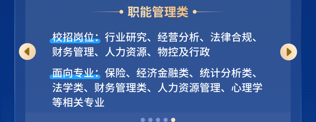 <p>职能管理类</p>
<p>校招岗位:行业研究、<br/>经营分析、法律合规、<br/>财务管理、人力资源、物控及行政</p>
<p>面向专业:保险、经济金融类、统计分析类、<br/>法学类、财务管理类、人力资源管理、心理学<br/>等相关专业</p>
