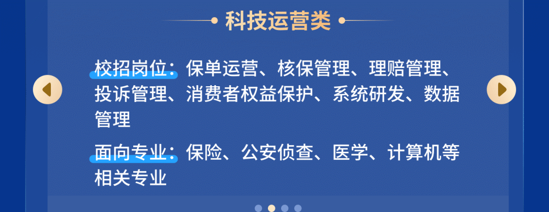<p>科技运营类</p>
<p>校招岗位:保单运营、核保管理、理赔管理、<br/>投诉管理、消费者权益保护、系统研发、数据<br/>管理</p>
<p>面向专业:保险、公安侦查、医学、计算机等<br/>相关专业</p>
