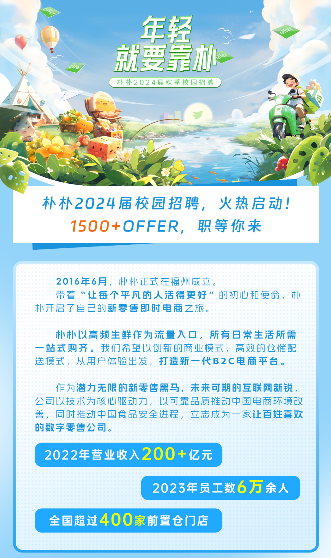 年轻\\n就要靠朴\\n朴朴2024届秋季校园招聘\\n朴朴2024届校园招聘，火热启动!\\n15OO+OFFER，职等你来\\n2016年6月，朴朴正式在福州成立。\\n带着“让每个平凡的人活得更好”的初心和使命，朴\\n朴开启了自己的新零售即时电商之旅。\\n朴朴以高频生鲜作为流量入口，所有日常生活所需\\n一站式购齐。我们希望以创新的商业模式，高效的仓储配\\n送模式，从用户体验出发，打造新一代B2C电商平台。\\n作为潜力无限的新零售黑马，未来可期的互联网新锐，\\n公司以技术为核心驱动力，以可靠品质推动中国电商环境改\\n善，同时推动中国食品安全进程，立志成为一家让百姓喜欢\\n的数字零售公司。\\n2022年营业收入200+亿元\\n2023年员工数6万余人\\n全国超过400家前置仓门店\\n