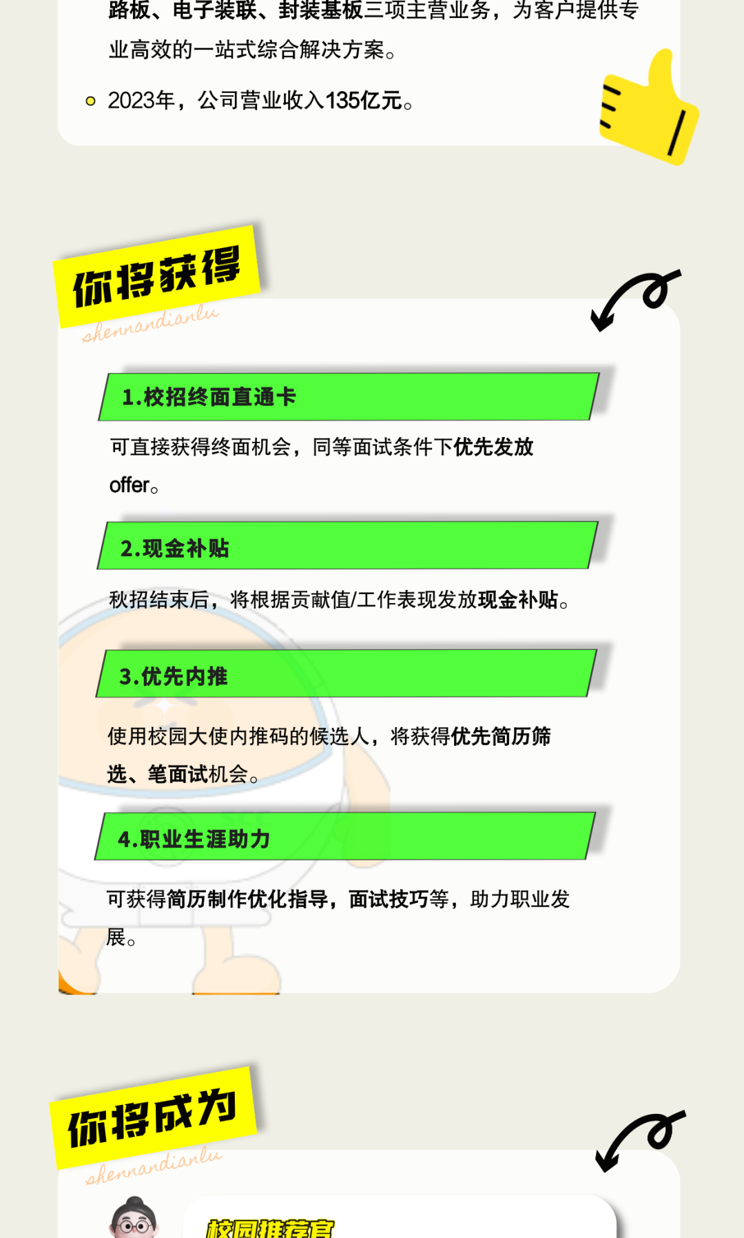 <p>路板、电子装联、封装基板三项主营业务，为客户提供专<br/>业高效的一站式综合解决方案。</p>
<p>2023年，公司营业收入135亿元。</p>
<p>你将获得</p>
<p>1.校招终面直通卡</p>
<p>可直接获得终面机会，同等面试条件下优先发放<br/>offer。</p>
<p>2.现金补贴</p>
<p>秋招结束后，将根据贡献值/工作表现发放现金补贴。</p>
<p>3.优先内推</p>
<p>使用校园大使内推码的候选人，将获得优先简历筛<br/>选、笔面试机会。</p>
<p>4.职业生涯助力</p>
<p>可获得简历制作优化指导，面试技巧等，助力职业发<br/>展。</p>
<p>你将成为</p>
<p>校园难了</p>
