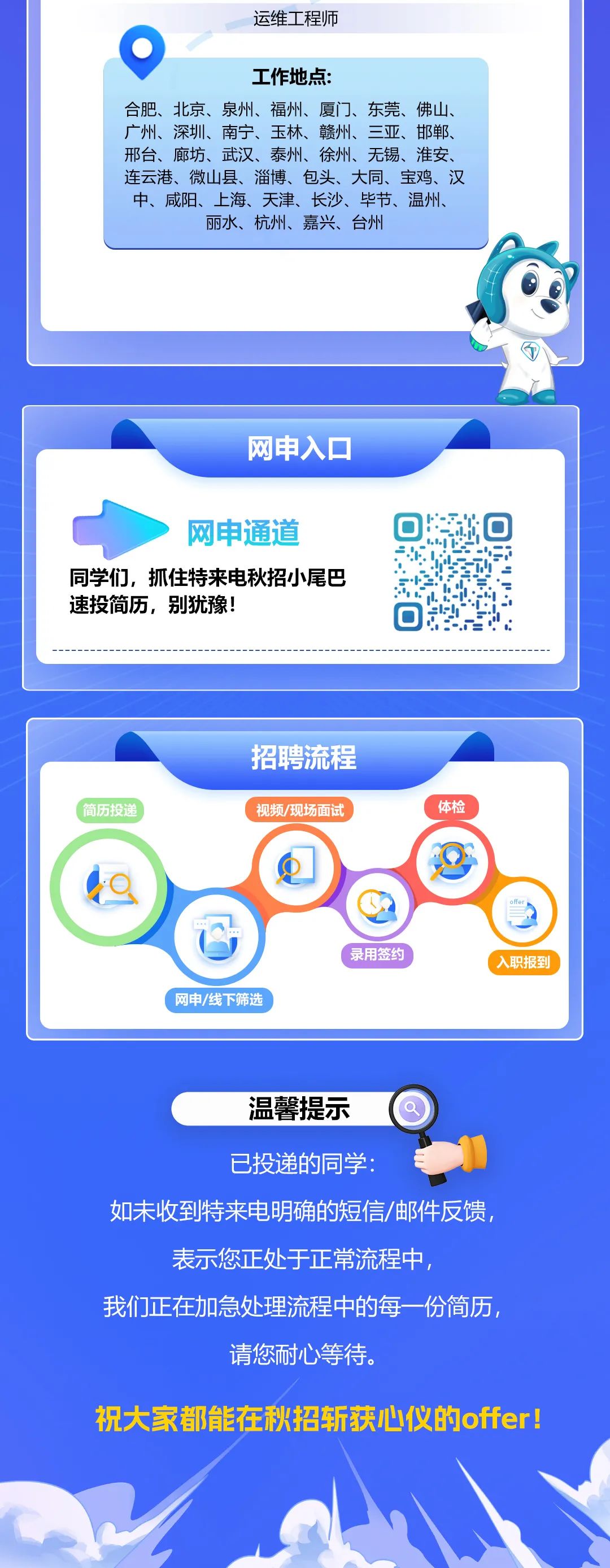 <p>运维工程师</p>
<p>工作地点:</p>
<p>合肥、北京、泉州、福州、厦门、东莞、佛山、<br/>广州、深圳、南宁、玉林、赣州、三亚、邯郸、<br/>邢台、廊坊、武汉、泰州、徐州、无锡、淮安、<br/>连云港、微山县、淄博、包头、大同、宝鸡、汉<br/>中、咸阳、上海、天津、长沙、毕节、温州、</p>
<p>丽水、杭州、嘉兴、台州</p>
<p>网申入口</p>
<p>网申通道</p>
<p>同学们，抓住特来电秋招小尾巴<br/>速投简历，别犹豫!</p>
<p>C</p>
<p>6</p>
<p>0</p>
<p>简历投送</p>
<p>招聘流程<br/>视频/现场面试</p>
<p>体检</p>
<p>网申/线下筛选</p>
<p>录用签约</p>
<p>入职报到</p>
<p>温馨提示</p>
<p>已投递的同学:</p>
<p>如未收到特来电明确的短信/邮件反馈，<br/>表示您正处于正常流程中</p>
<p>我们正在加急处理流程中的每一份简历,</p>
<p>请您耐心等待。</p>
<p>祝大家都能在秋招斩获心仪的offer!</p>
