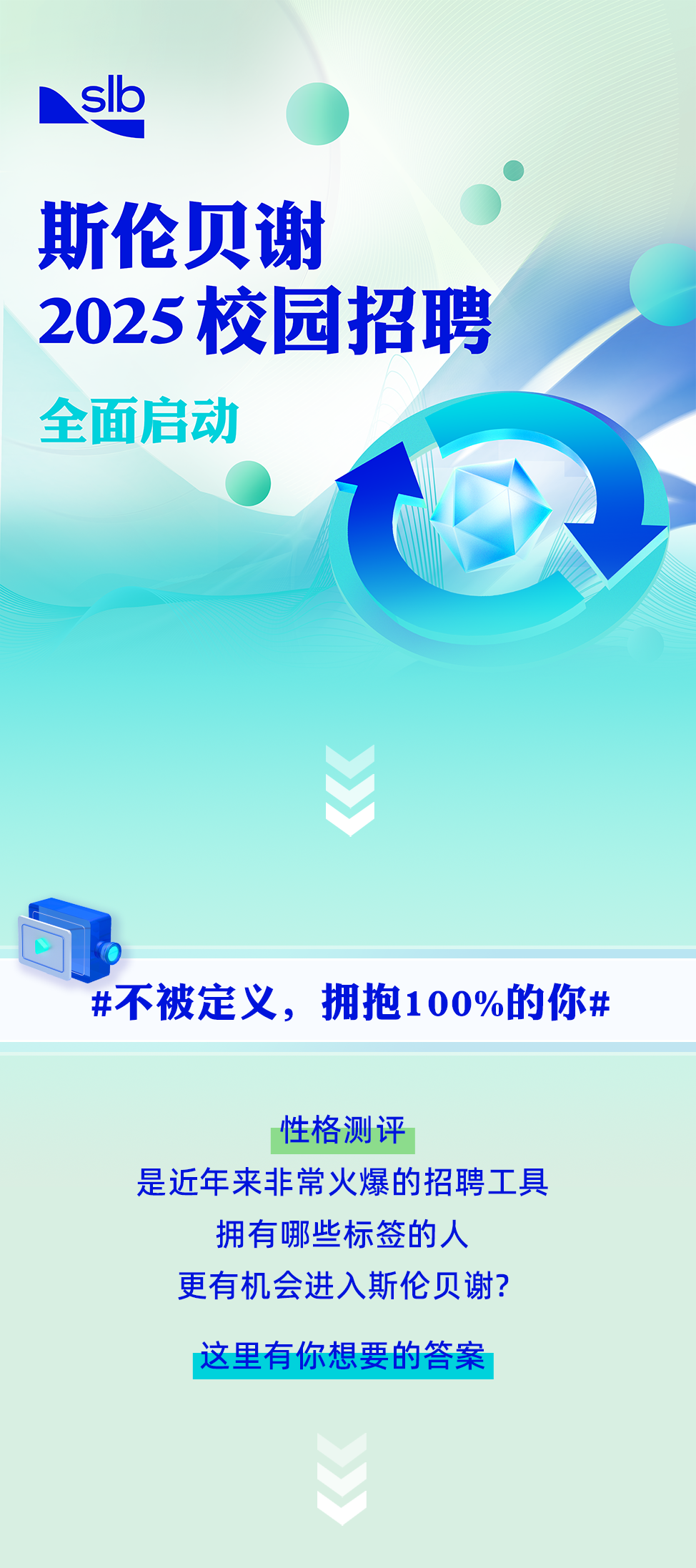 <p>slb</p>
<p>斯伦贝谢</p>
<p>2025校园招聘<br/>全面启动</p>
<p>#不被定义，拥抱100%的你#</p>
<p>性格测评</p>
<p>是近年来非常火爆的招聘工具<br/>拥有哪些标签的人</p>
<p>更有机会进入斯伦贝谢?<br/>这里有你想要的答案</p>

