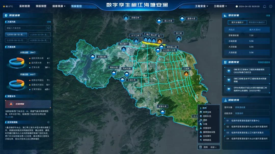 <p>素晴37C实时态势 预报预警场最预演 预车智控数字孪生椒江海塘安澜工程安全工程运管.。2024-0405 18:00:00 C </p>
<p>☐开案场景受灾对象</p>
<p>C西管石闸]L童熄水库」</p>
<p>方列表C溪☐水库J受灾乡镇统计其他受灭对障统计</p>
<p>I请输入方南名称Q风险点最大水凛m</p>
<p>2019-08-10.. 22019- 10-08- 涛江阚邵家渡街道7.30</p>
<p>I 3.2019 08心-元l 4.2019 10-09元古颯出道5.56</p>
<p>方高结果明珠里山塘 大洋街道</p>
<p>水库总数394个大田街道5.56</p>
<p>超防洪高水库 4个长道水库</p>
<p>.超汛限水库 9个目中春预案预本图酒意询</p>
<p>.正常水库 381个</p>
<p>《明(责)江流域水工程防洪调度规购</p>
<p>(2022年修订建行)》</p>
<p>问道总数: 442个</p>
<p>《雄江谴城含永宁江)超标准进水防御</p>
<p>中超保证河遵站 7个预案</p>
<p> 超警成河道站 10个</p>
<p>市水利局关于成立水旱灾需防制工作</p>
<p>正常河谨站 425个指挥中心的通知(2022121号)</p>
<p>预盟发布</p>
<p>三抢险支持</p>
<p>红色所店</p>
<p>湖漫水库,图例受灾对象 邵家渡街道</p>
<p>报,8月10日17时,临泽(西)站洪水位将达到当前临海(四门站水位m,根据象未来降网预电物资仓库抢险支持安置场所</p>
<p>1山世抢险队伍</p>
<p>1D24m</p>
<p>印道路01 临海市邵家渡街道避灾安置中心</p>
<p>应采取槽擁 </p>
<p>乡镇</p>
<p>1.重点做好牛头山溪☐等上群大中型水库的调度T安置场所02 临海市图末渡街道牛头山村避灾安置场所</p>
<p>作 根据实际情况采用提的预趣。 腾出库容,用重要基础设施03 临海市邵家渡街道上汇村避灾安置点</p>
<p>西门水文踏室龙港入☐左岸,庙龙港出☐童桩头☐至班关应急事件</p>
<p>沙段左岸,桩头沙至吴江出☐两岸堤防转移路线04 临海市邵家渡街道牛头山村避灾安置场所</p>
<p>图例收起</p>
