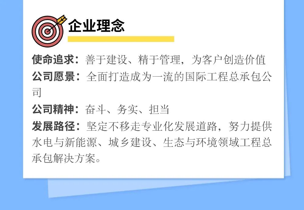 <p>企业理念</p>
<p>使命追求:善于建设、精于管理,为客户创造价值<br/>公司愿景:全面打造成为一流的国际工程总承包公<br/>司</p>
<p>公司精神:奋斗、务实、担当</p>
<p>发展路径:坚定不移走专业化发展道路,努力提供<br/>水电与新能源、城乡建设、生态与环境领域工程总<br/>承包解决方案。</p>