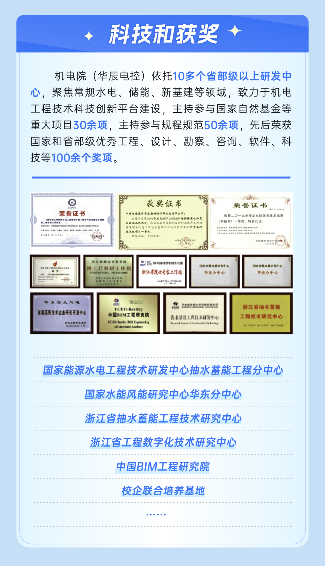 <p>◆科技和获奖+</p>
<p>机电院(华辰电控)依托10多个省部级以,上研发中</p>
<p>心,聚焦常规水电、储能、新基建等领域,致力于机电</p>
<p>工程技术科技创新平台建设,主持参与国家自然基金等</p>
<p>重大项目30余项,主持参与规程规范50余项,先后荣获</p>
<p>国家和省部级优秀工程、设计、勘察、咨询、软件、科</p>
<p>技等100余个奖项。</p>
<p> 获奖证书荣誉证书。</p>
<p>荣誉证书荣获二O一九年度华东院优秀技术成果</p>
<p>(科技类》一等奖,特发此证。</p>
<p>.上流人、、.....</p>
<p>元生上a学民SIEETOEA POIEANSE华东品列设计研究院博士后科研工作站息磊 畅纯聊蚌R 浙江省院士专家工作站H本的风量田克中心华东分中心过克本恒风量目克中心华东分中心</p>
<p>..n</p>
<p>省福高新技术企业研究开发中心华车酒上风电FCIDI-Bentiey中国BIN工程研克陕品大北杰国青东演化工覆花术研发申心浙江省補水E工程技术研究中心</p>
<p>送学木ECID-DantryENEnieebgBteGMakenLadCaayDhalaitaTalbpCIIMPIDACEFILADF080 215L0 PI55</p>
<p>国家能源水电工程技术研发中心抽水蓄能工程分中心</p>
<p>国家水能风能研究中心华东分中心</p>
<p>浙江省抽水蓄能工程技术研究中心</p>
<p>浙江省工程数字化技术研究中心</p>
<p>中国BIM工程研究院</p>
<p>校企联合培养基地</p>
<p> 000..</p>
